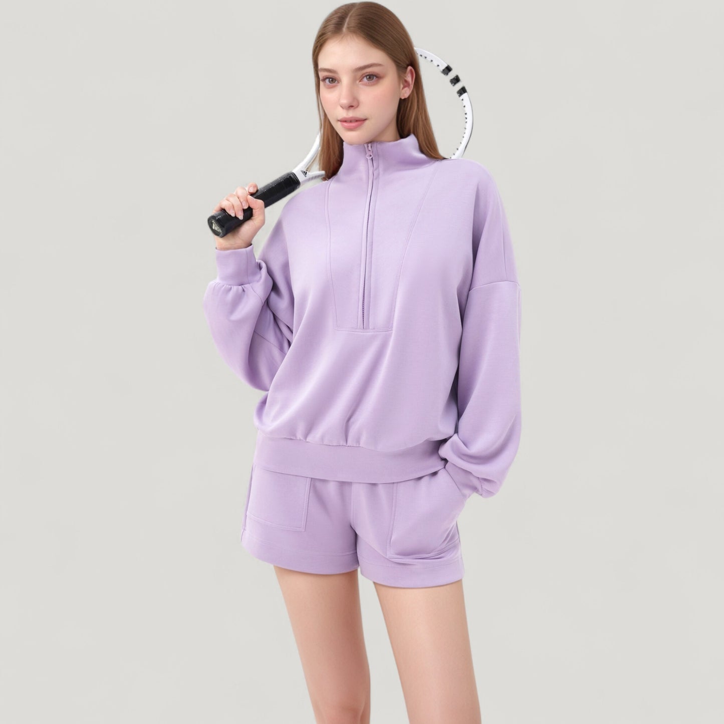 Long Sleeve Woven Half Zip Pullover Top with Stand Collar and Elastic Cuffs