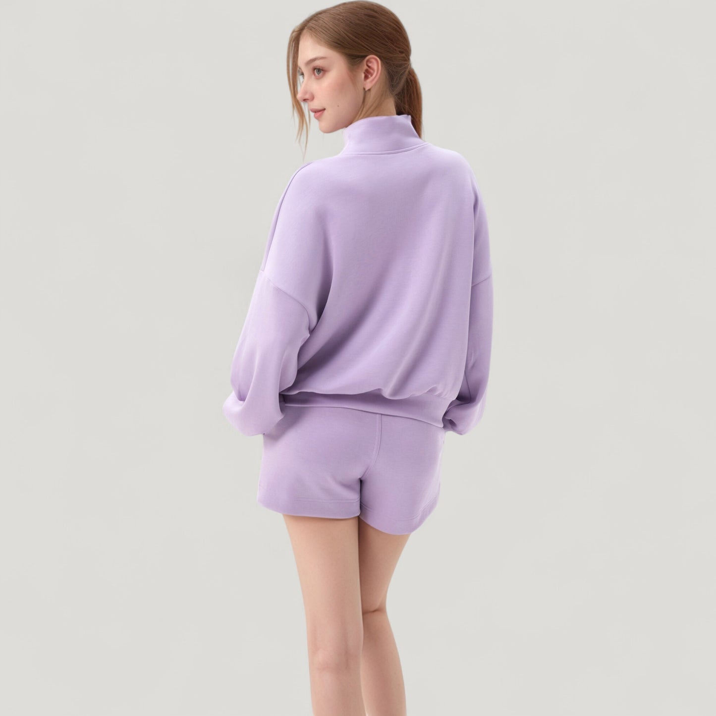 Long Sleeve Woven Half Zip Pullover Top with Stand Collar and Elastic Cuffs