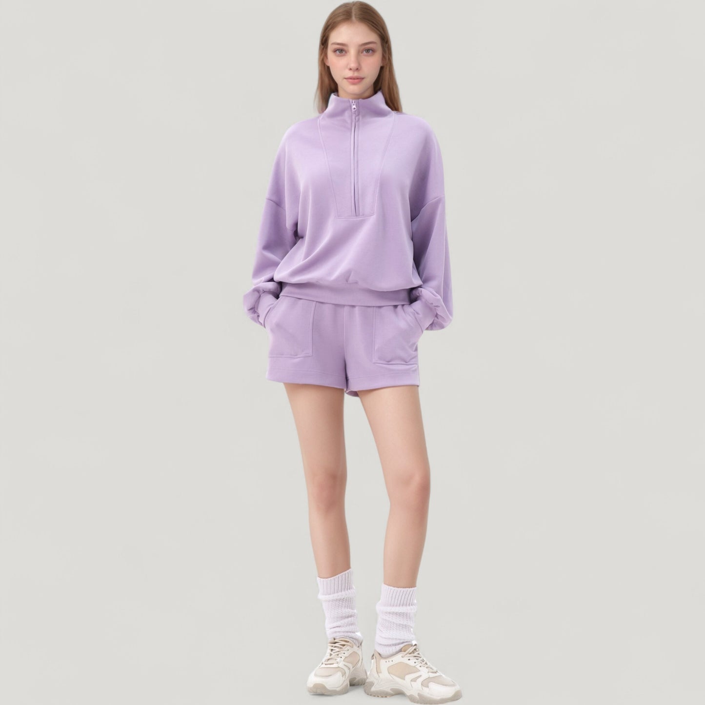 Long Sleeve Woven Half Zip Pullover Top with Stand Collar and Elastic Cuffs