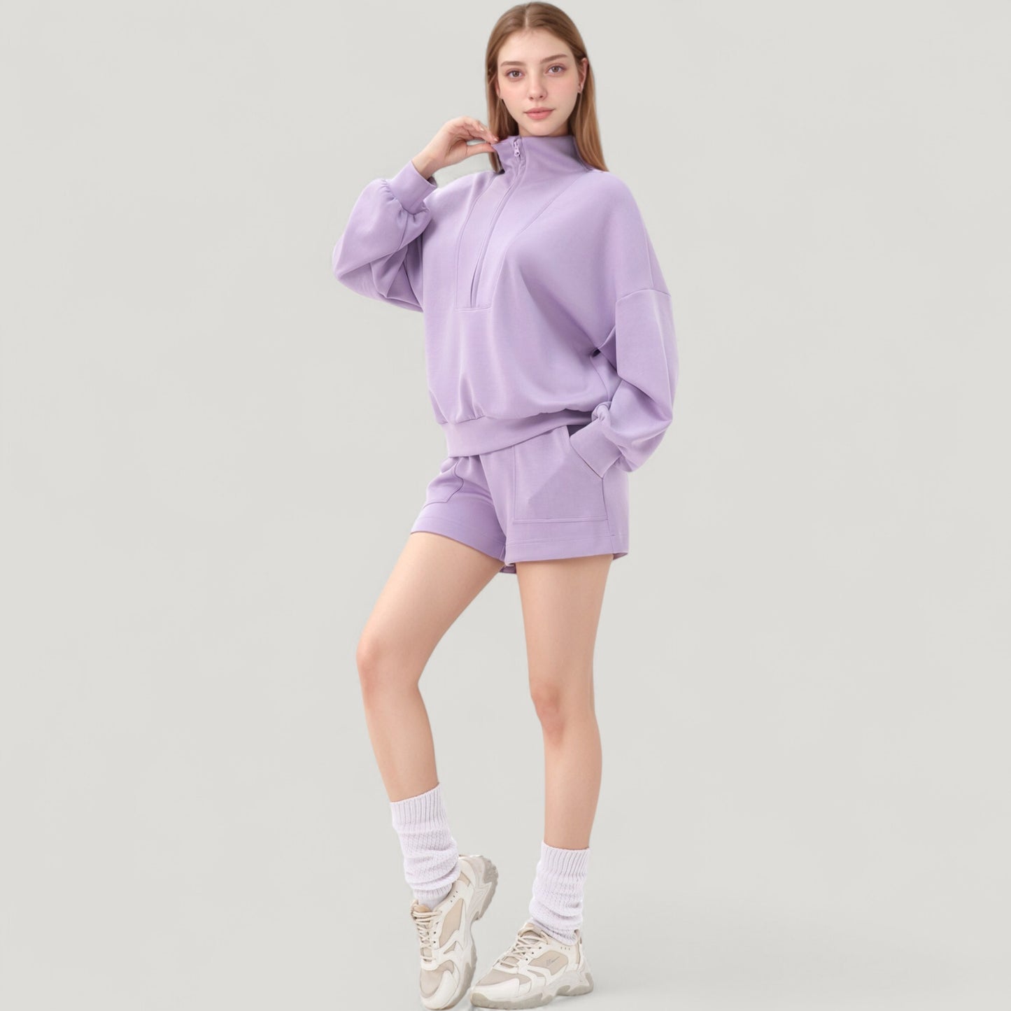 Long Sleeve Woven Half Zip Pullover Top with Stand Collar and Elastic Cuffs