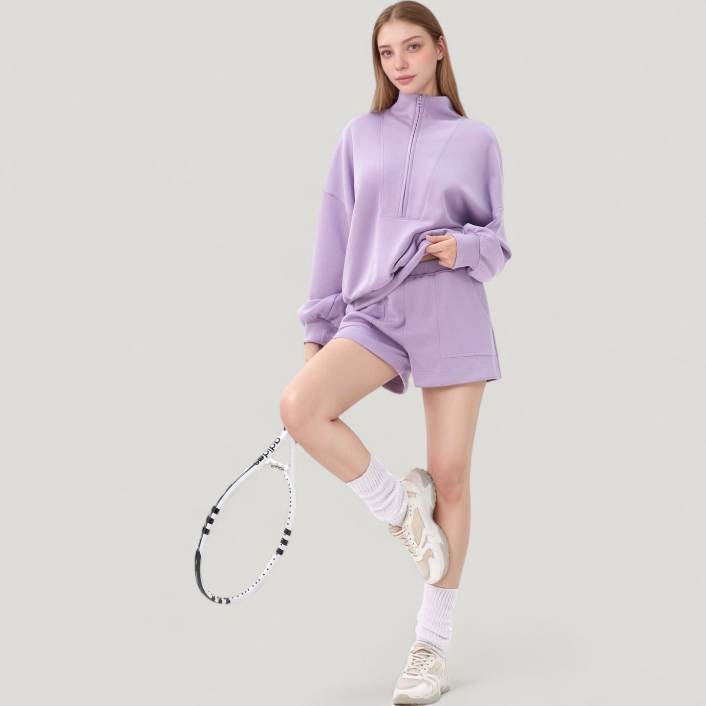 Long Sleeve Woven Half Zip Pullover Top with Stand Collar and Elastic Cuffs