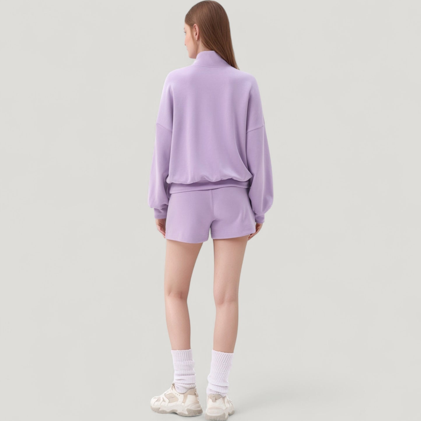 Long Sleeve Woven Half Zip Pullover Top with Stand Collar and Elastic Cuffs