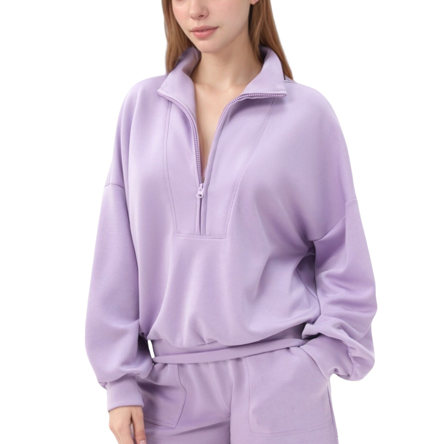 Long Sleeve Woven Half Zip Pullover Top with Stand Collar and Elastic Cuffs