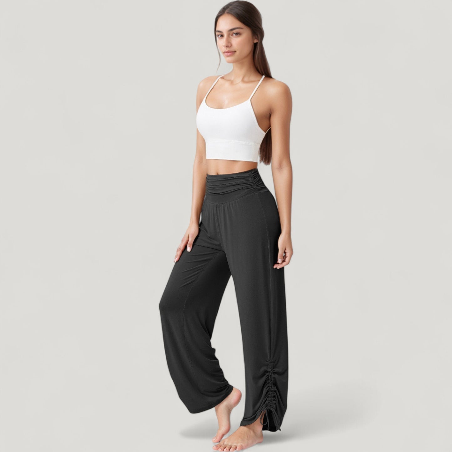 Wide Leg Lounge Pants with Fold Over Waistband and Adjustable Drawstring Hem