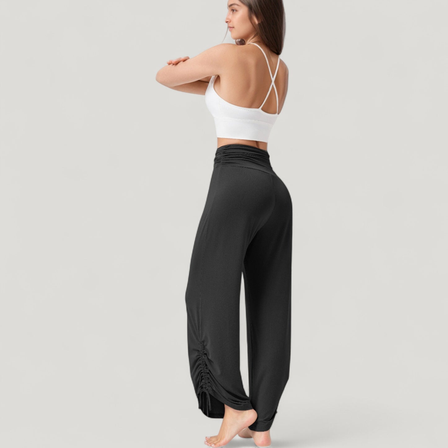 Wide Leg Lounge Pants with Fold Over Waistband and Adjustable Drawstring Hem
