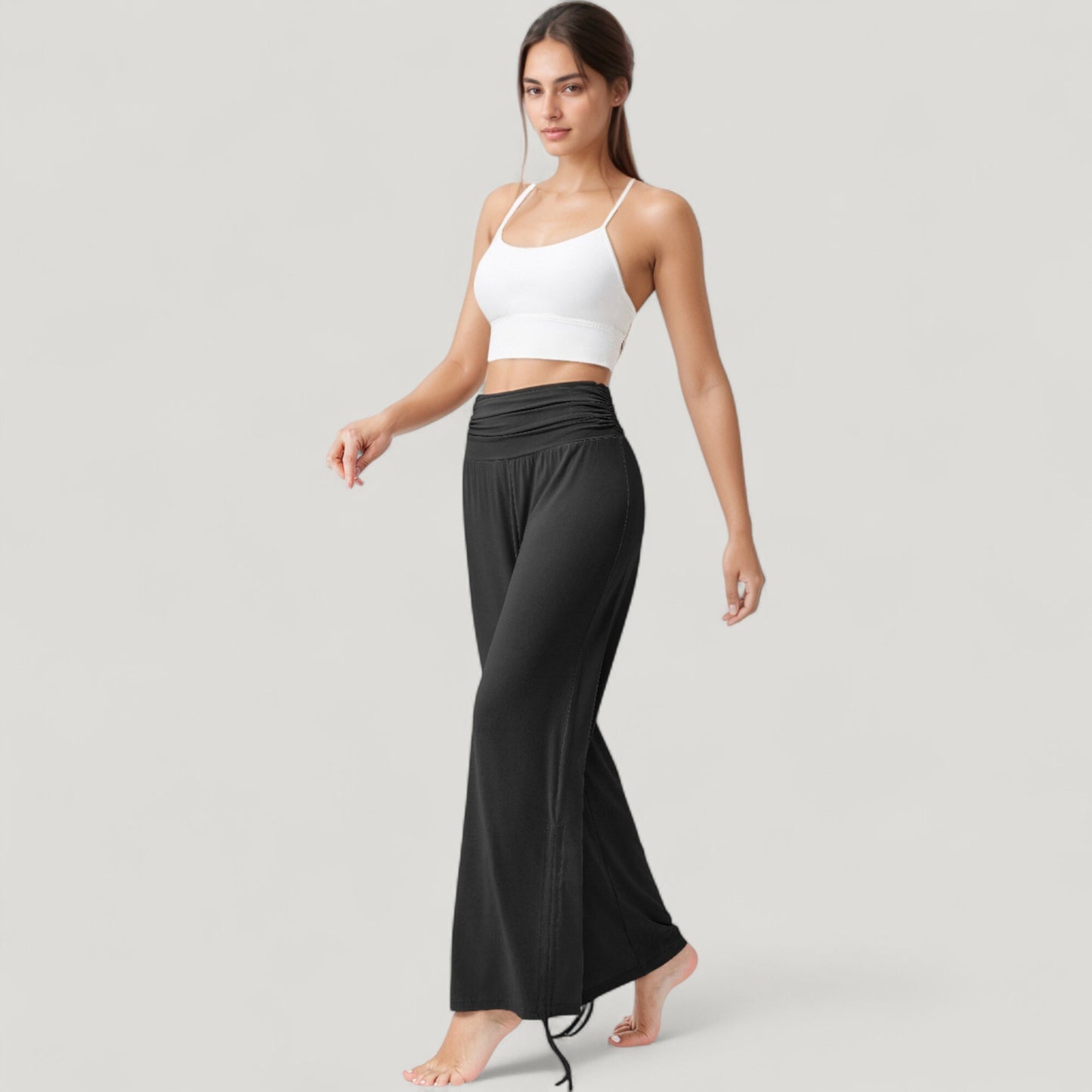 Wide Leg Lounge Pants with Fold Over Waistband and Adjustable Drawstring Hem