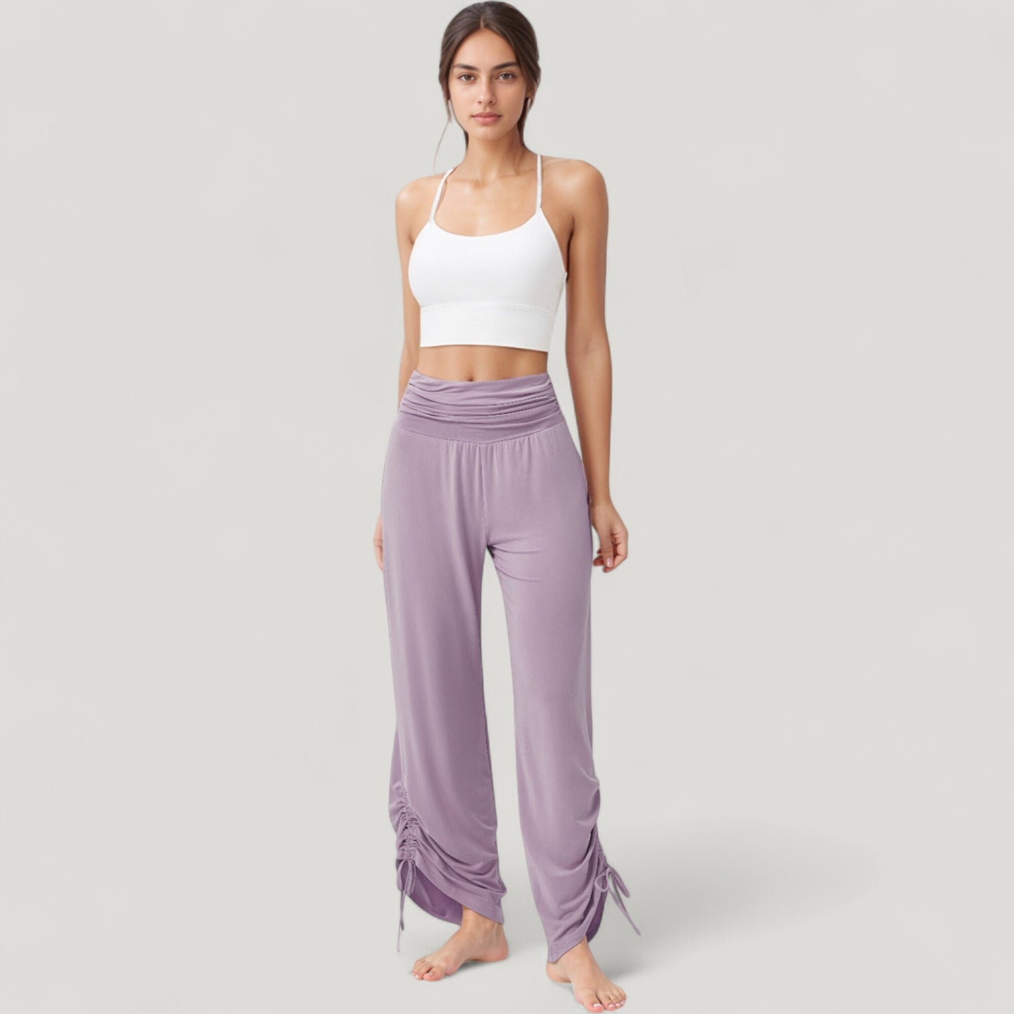 Wide Leg Lounge Pants with Fold Over Waistband and Adjustable Drawstring Hem