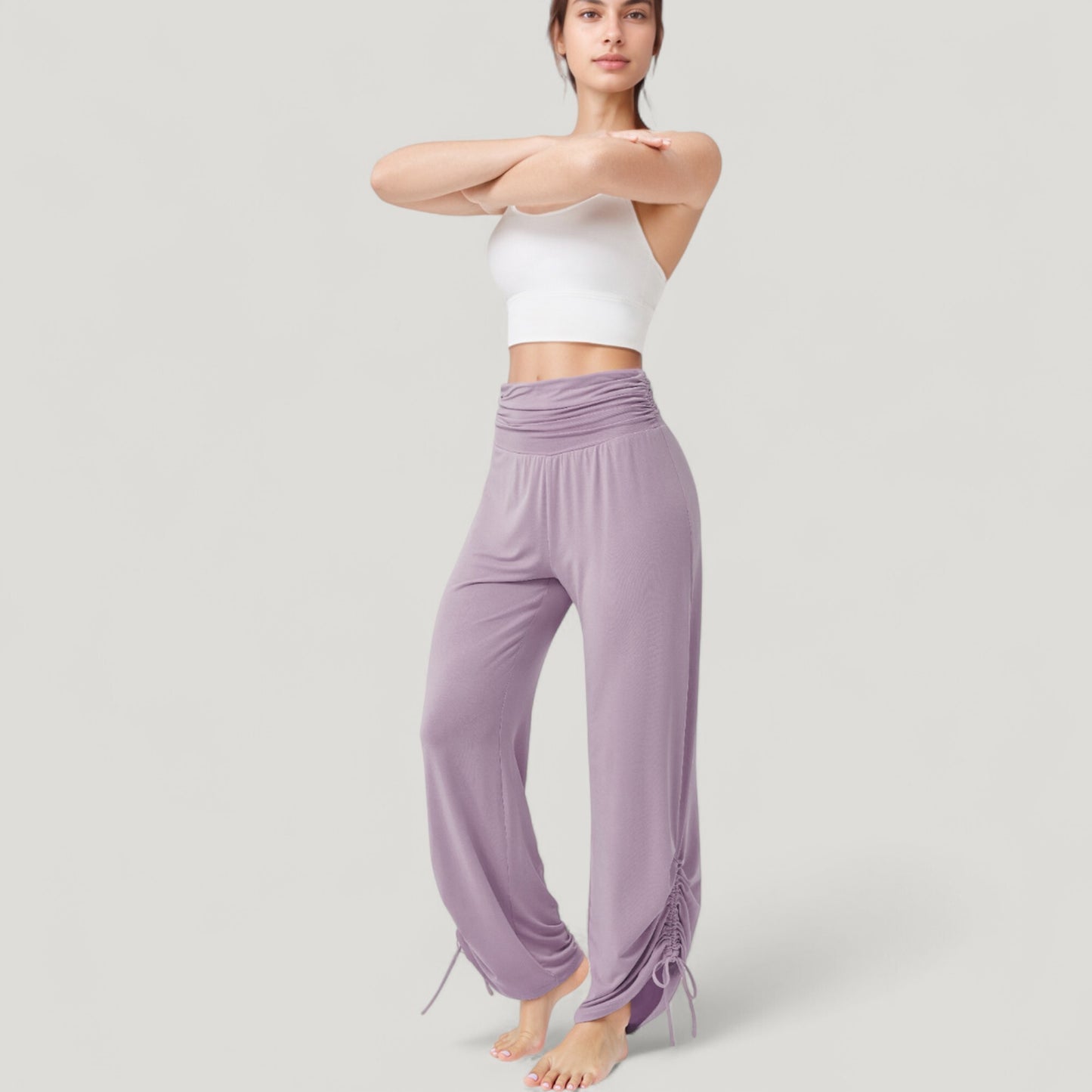 Wide Leg Lounge Pants with Fold Over Waistband and Adjustable Drawstring Hem