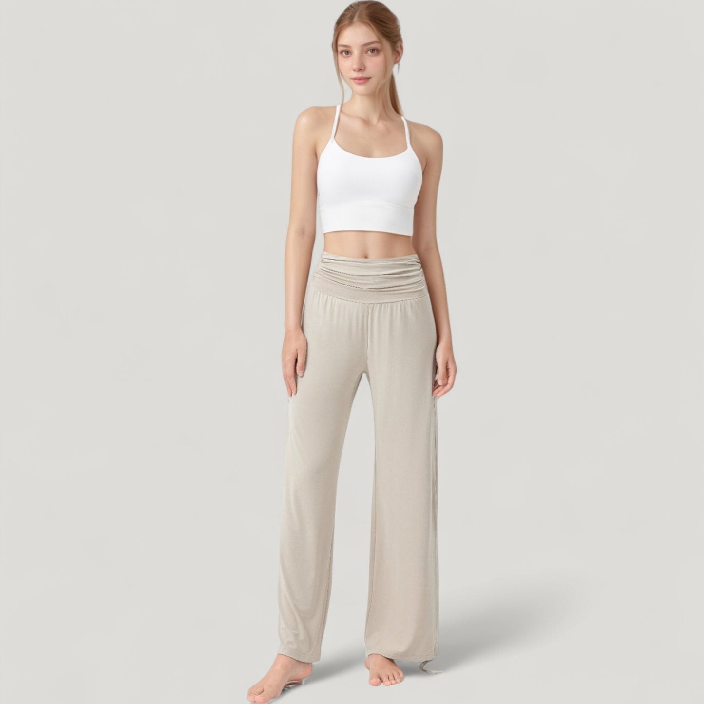 Wide Leg Lounge Pants with Fold Over Waistband and Adjustable Drawstring Hem