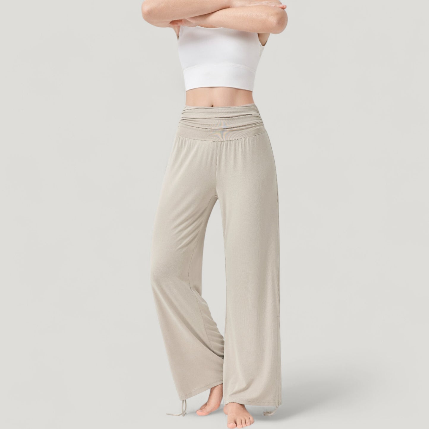 Wide Leg Lounge Pants with Fold Over Waistband and Adjustable Drawstring Hem