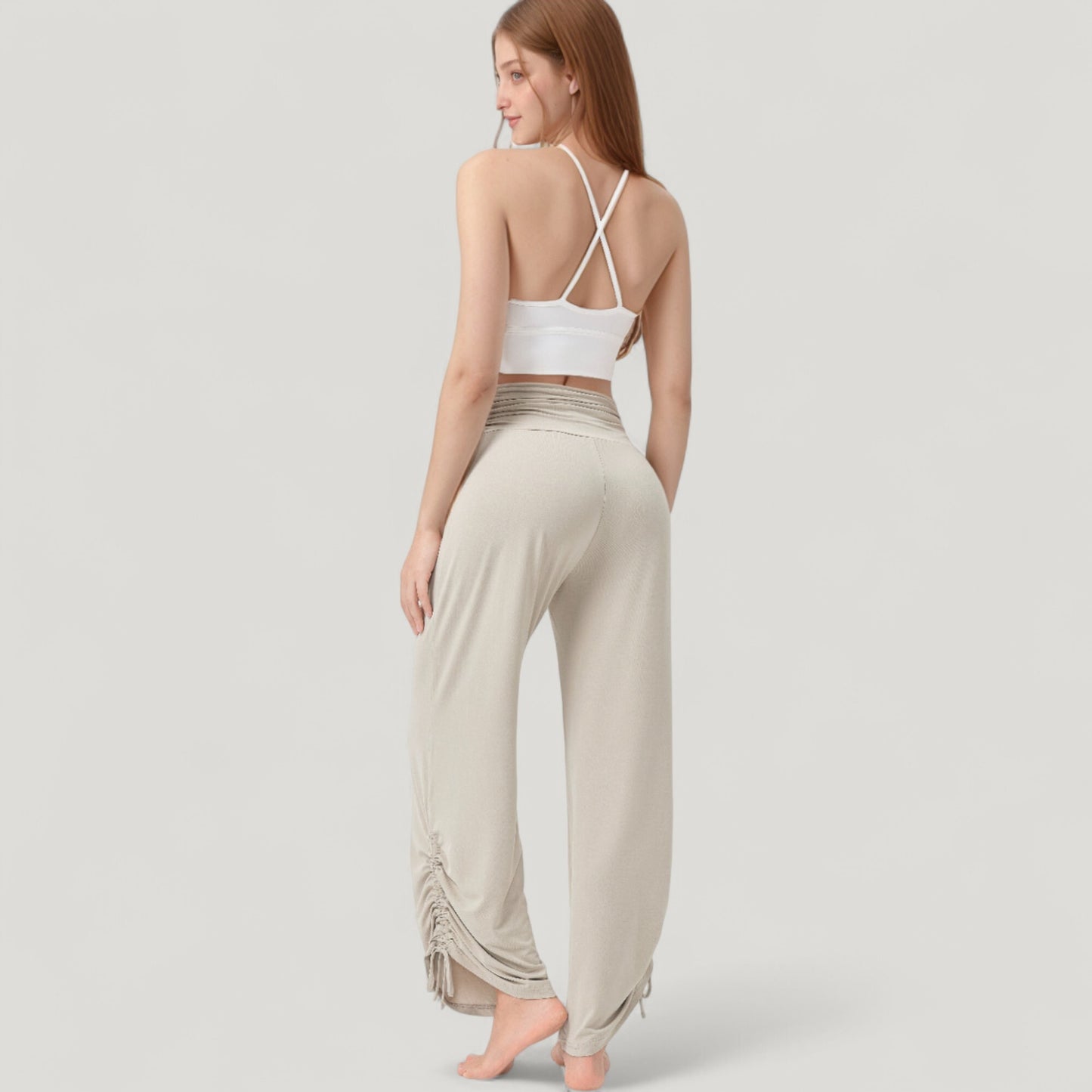 Wide Leg Lounge Pants with Fold Over Waistband and Adjustable Drawstring Hem