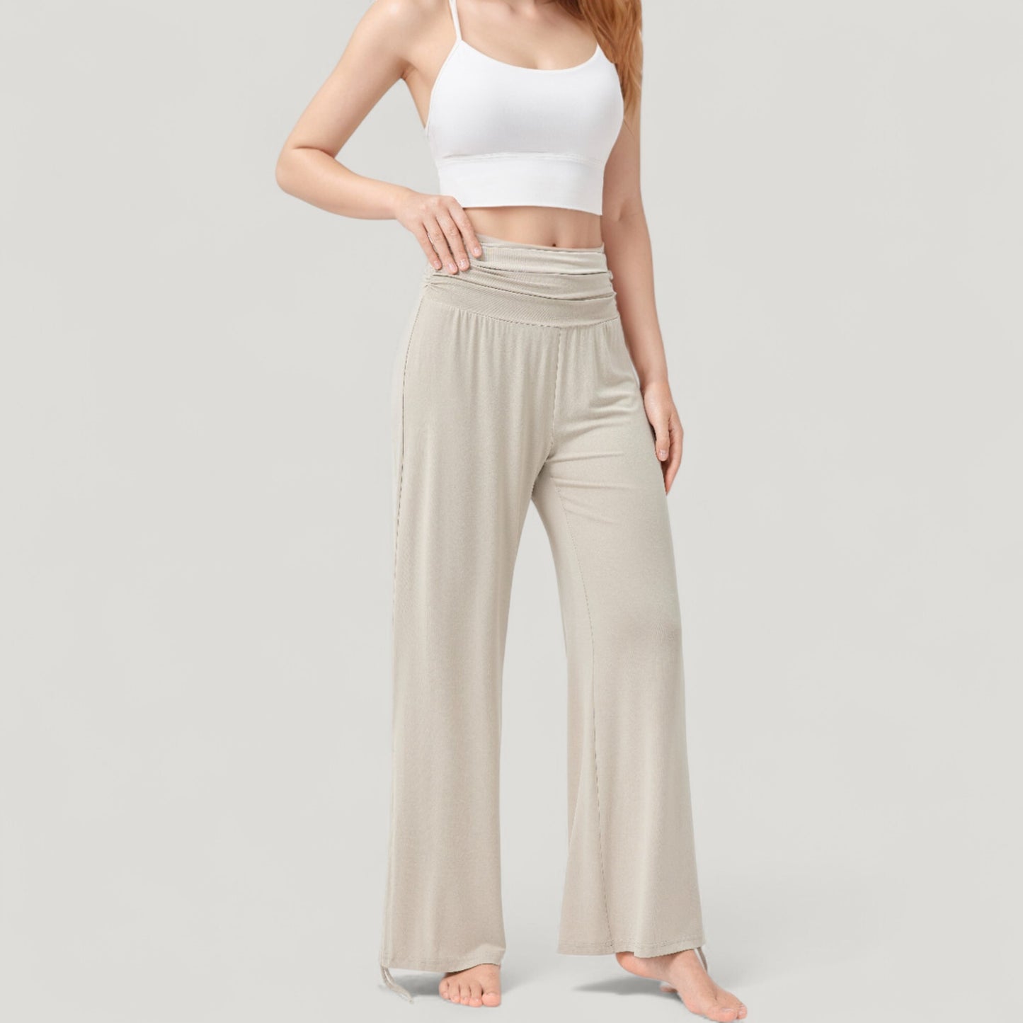 Wide Leg Lounge Pants with Fold Over Waistband and Adjustable Drawstring Hem