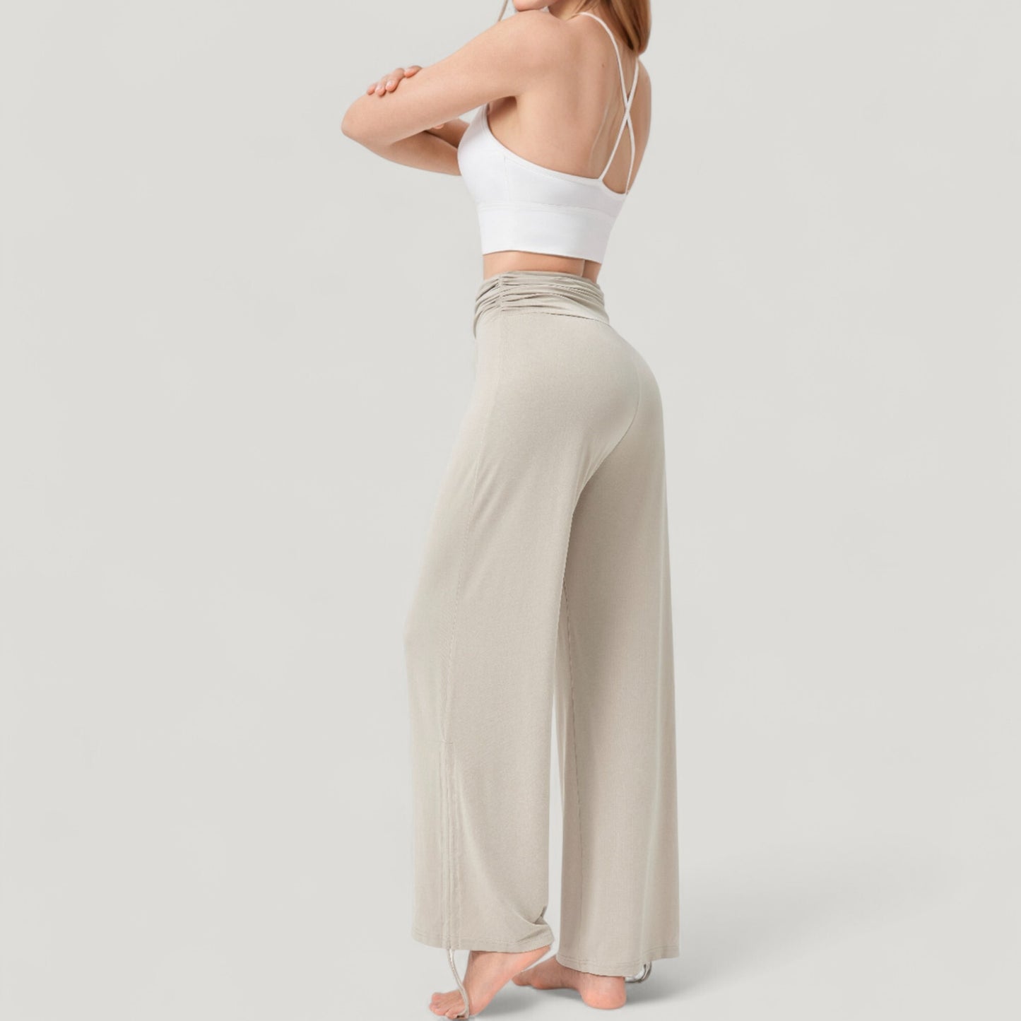 Wide Leg Lounge Pants with Fold Over Waistband and Adjustable Drawstring Hem