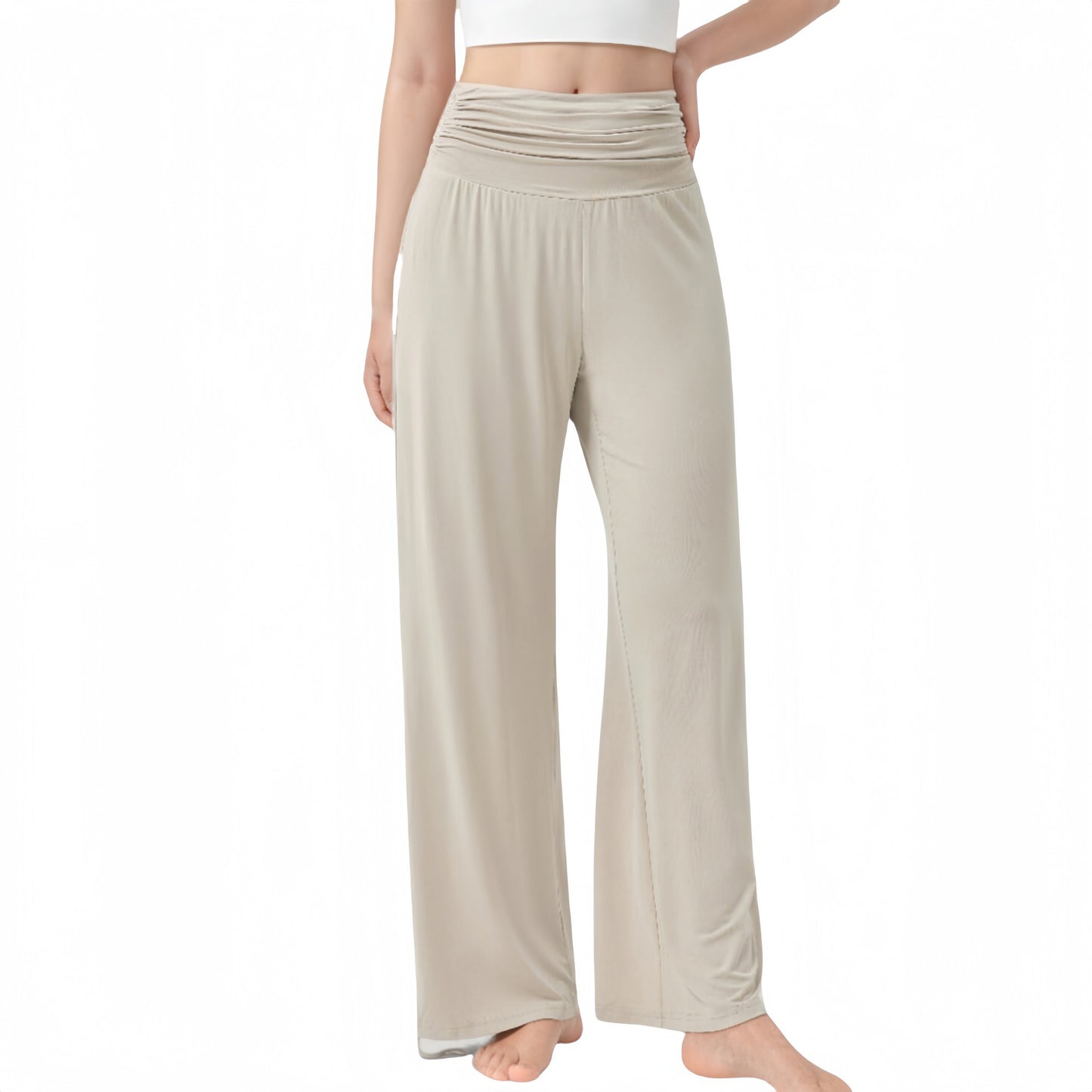 Wide Leg Lounge Pants with Fold Over Waistband and Adjustable Drawstring Hem