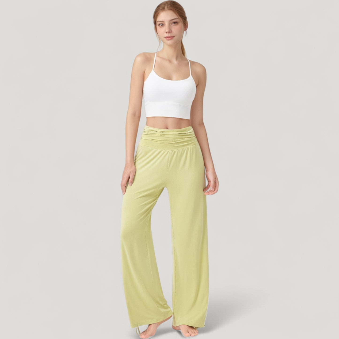 Wide Leg Lounge Pants with Fold Over Waistband and Adjustable Drawstring Hem