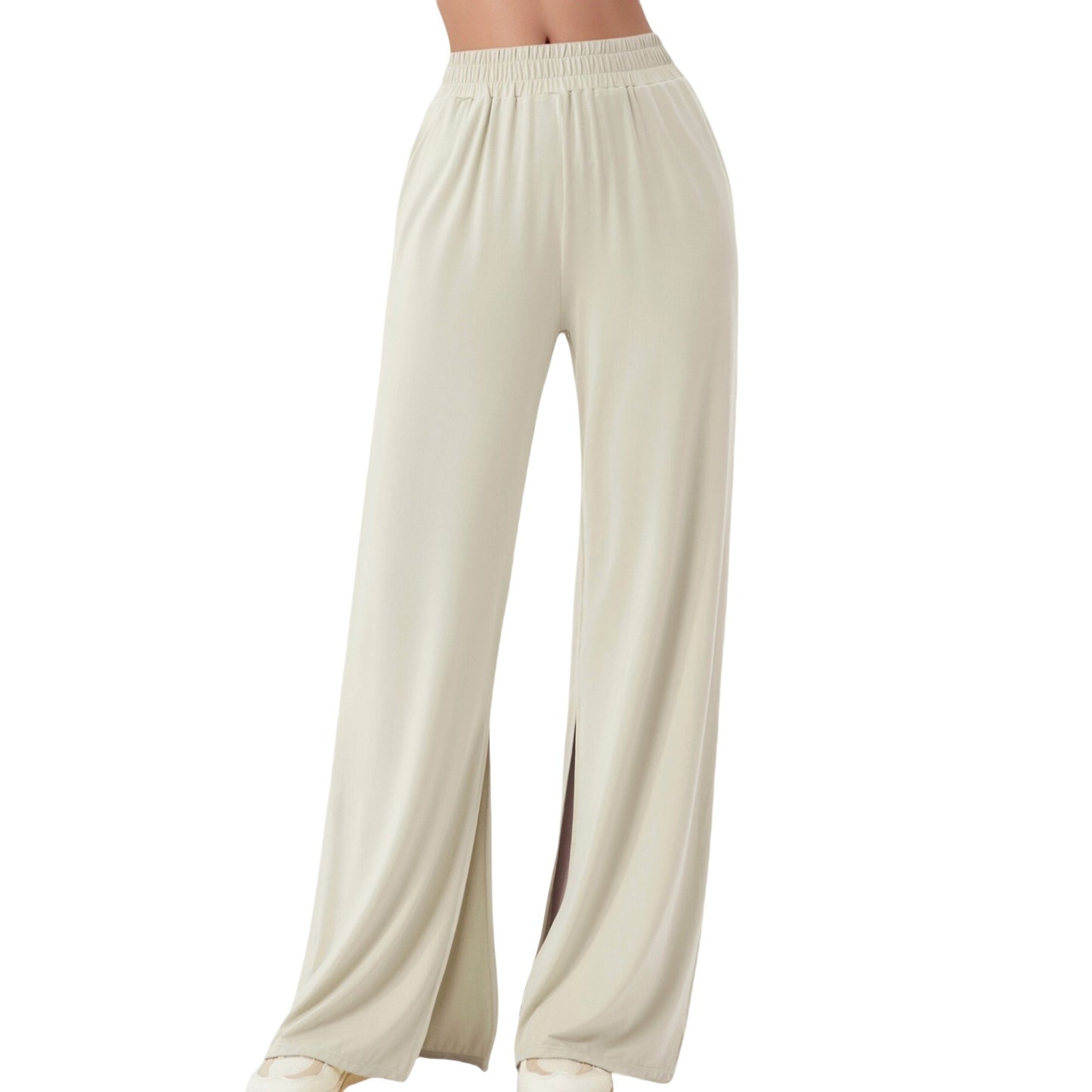 Wide Leg Lounge Pants with Elastic Waistband and Side Slit Hem Detail