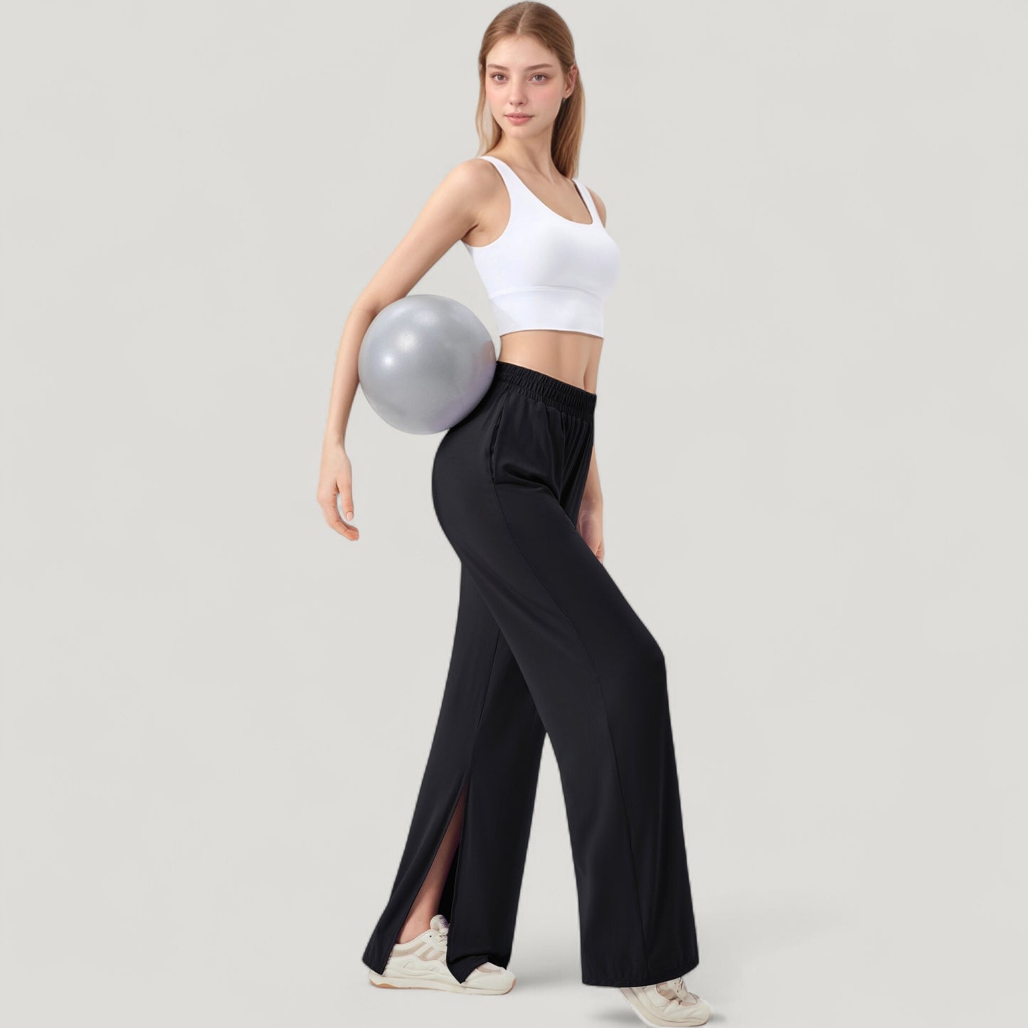 Wide Leg Lounge Pants with Elastic Waistband and Side Slit Hem Detail