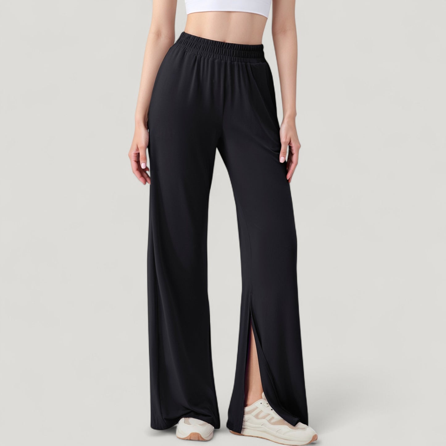 Wide Leg Lounge Pants with Elastic Waistband and Side Slit Hem Detail