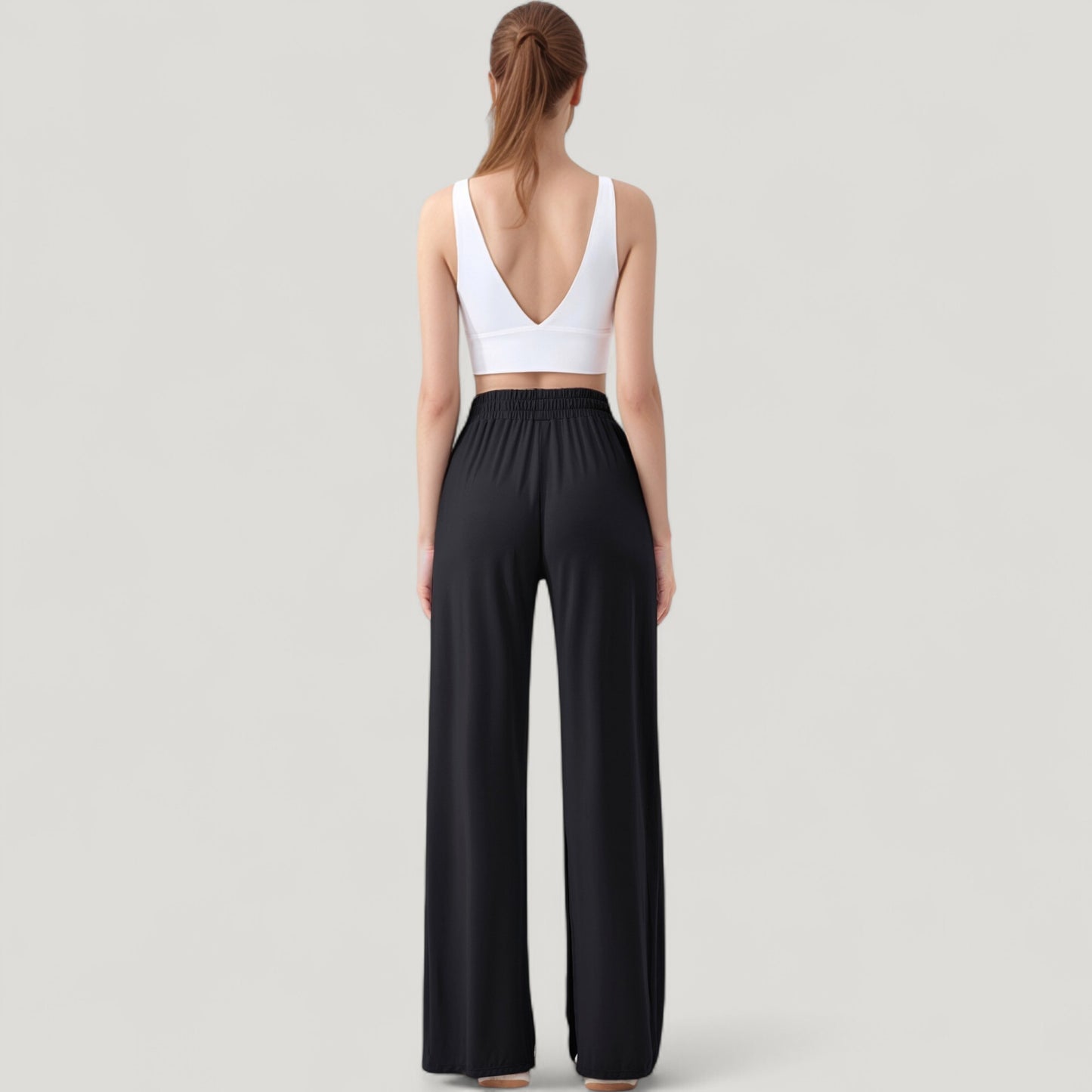 Wide Leg Lounge Pants with Elastic Waistband and Side Slit Hem Detail