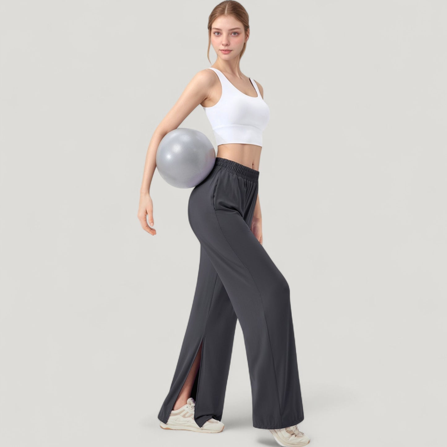Wide Leg Lounge Pants with Elastic Waistband and Side Slit Hem Detail