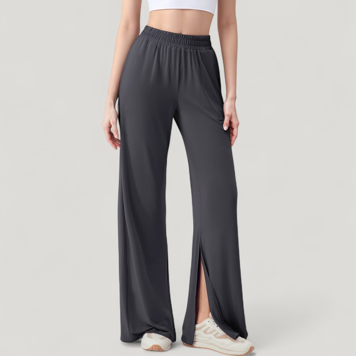 Wide Leg Lounge Pants with Elastic Waistband and Side Slit Hem Detail