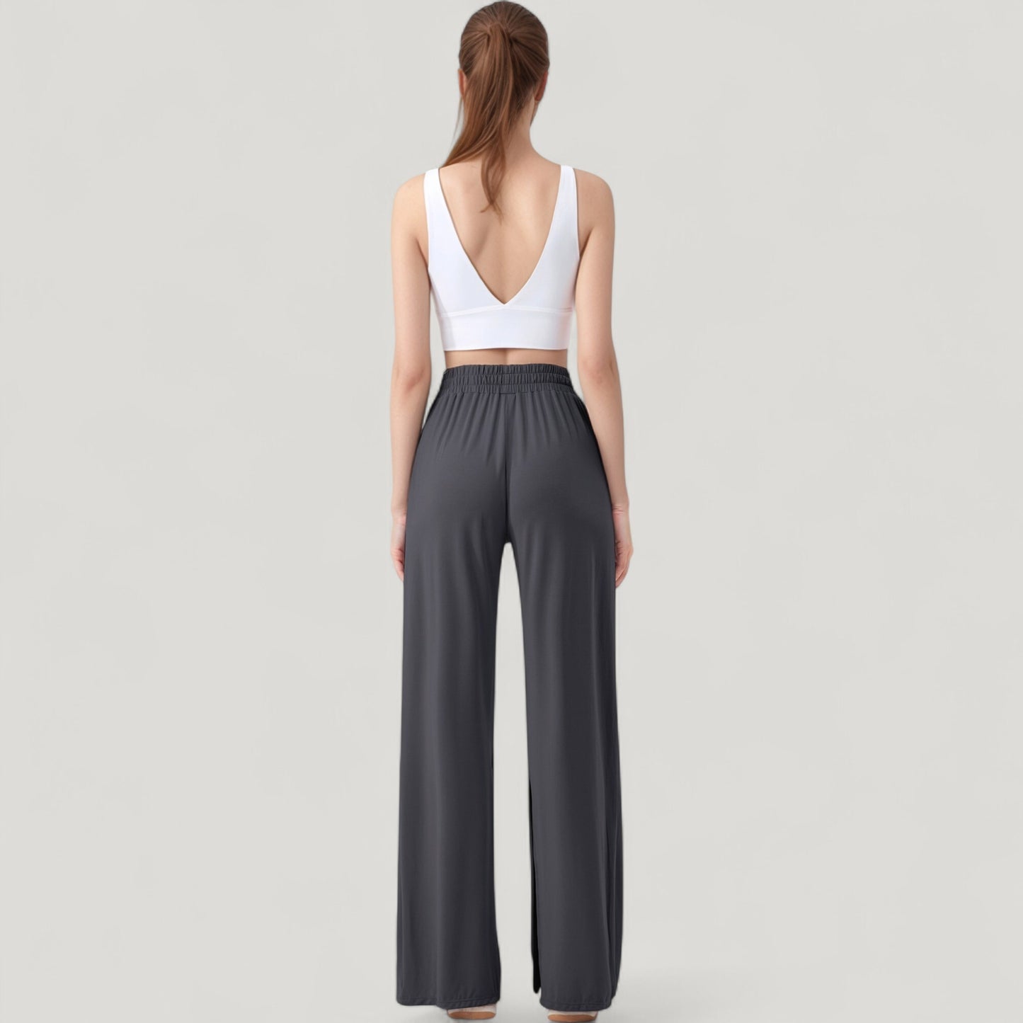 Wide Leg Lounge Pants with Elastic Waistband and Side Slit Hem Detail