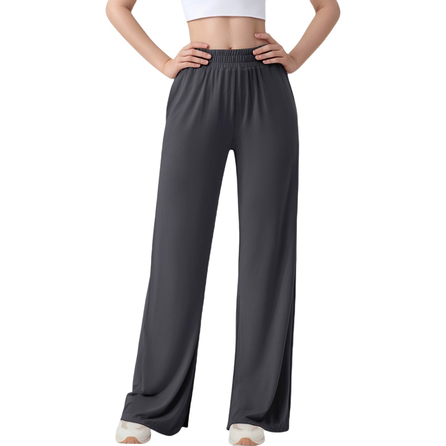 Wide Leg Lounge Pants with Elastic Waistband and Side Slit Hem Detail