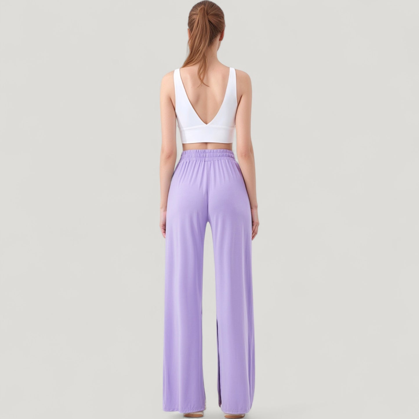 Wide Leg Lounge Pants with Elastic Waistband and Side Slit Hem Detail