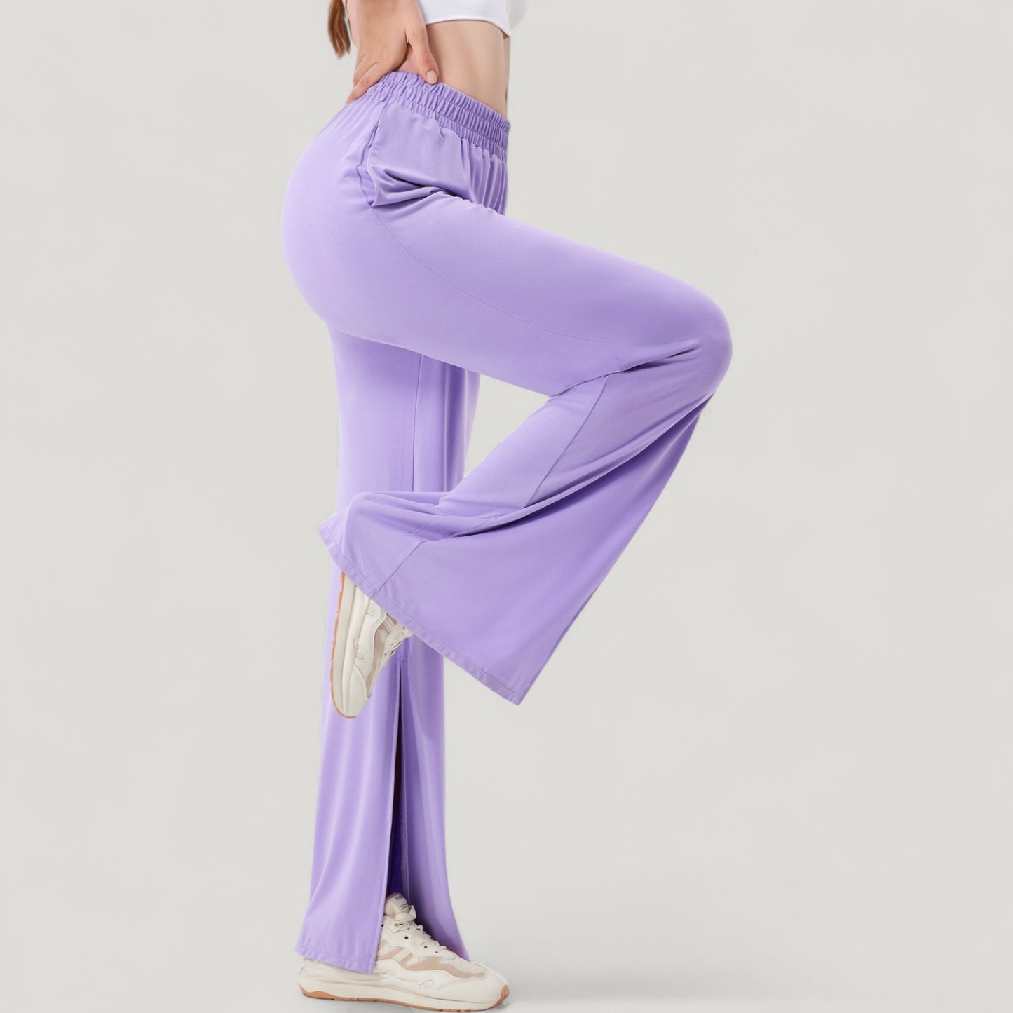 Wide Leg Lounge Pants with Elastic Waistband and Side Slit Hem Detail