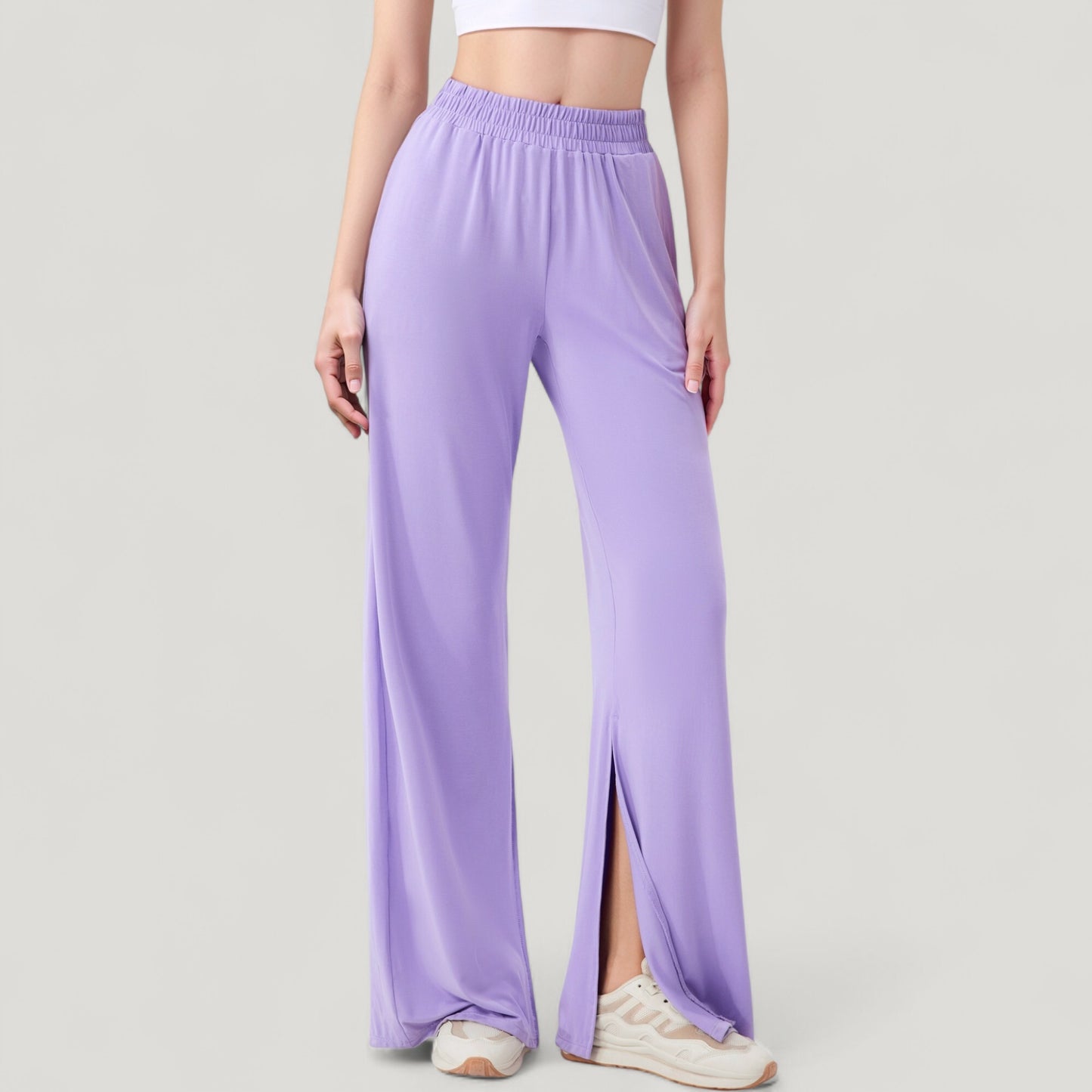 Wide Leg Lounge Pants with Elastic Waistband and Side Slit Hem Detail