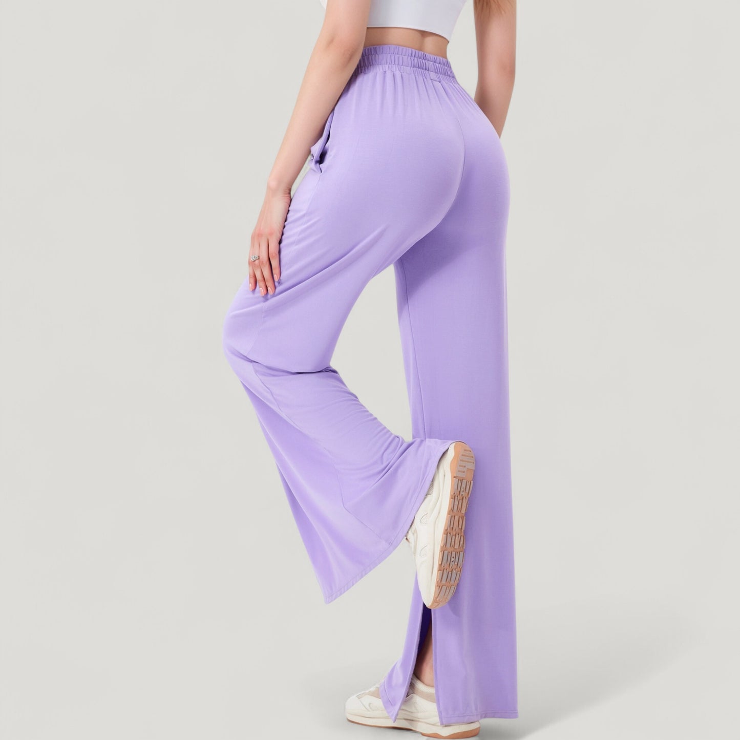Wide Leg Lounge Pants with Elastic Waistband and Side Slit Hem Detail