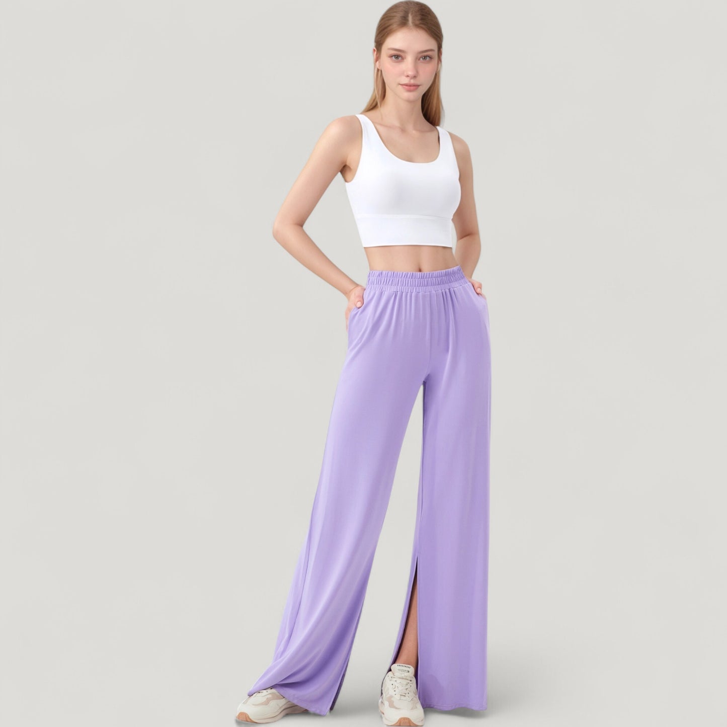 Wide Leg Lounge Pants with Elastic Waistband and Side Slit Hem Detail