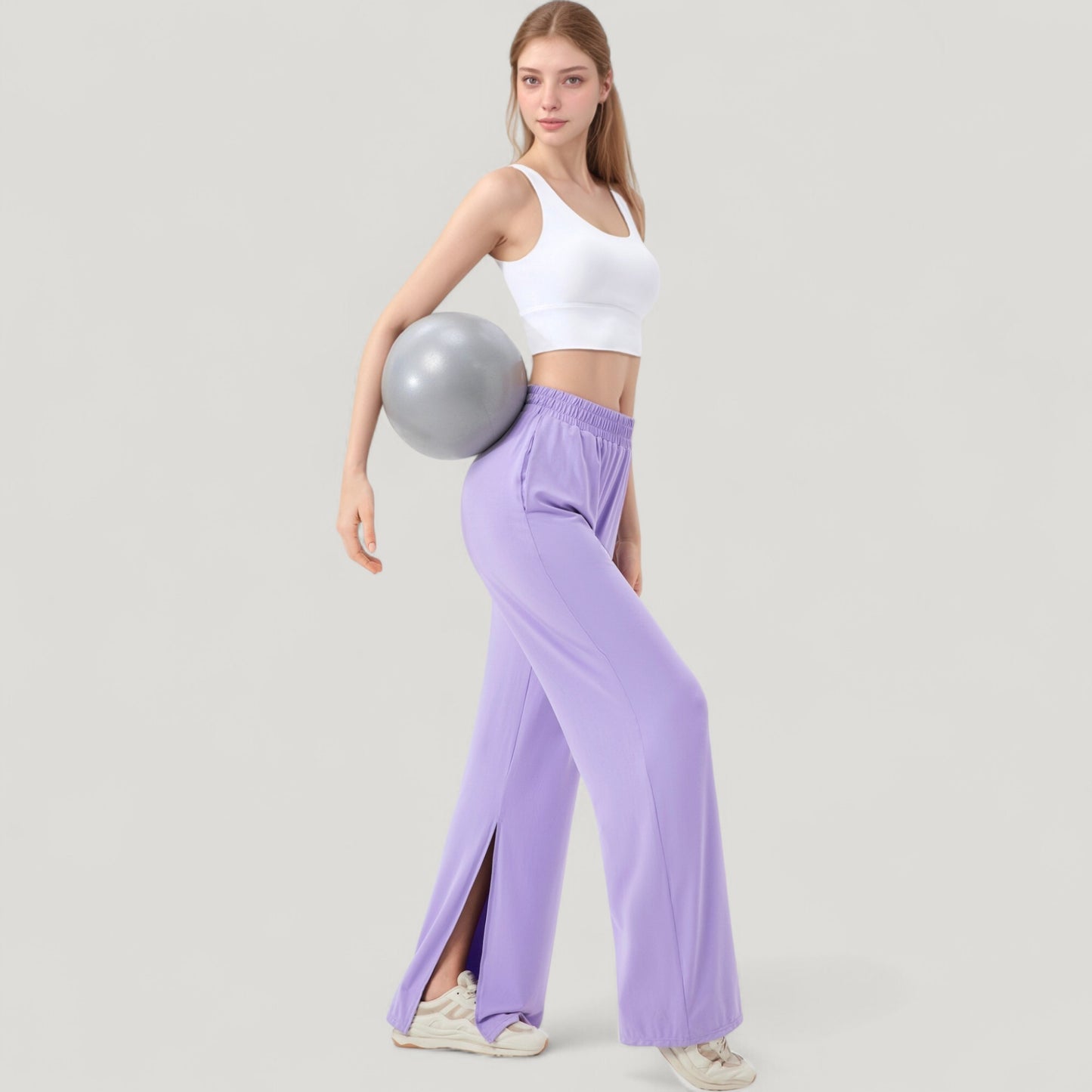 Wide Leg Lounge Pants with Elastic Waistband and Side Slit Hem Detail