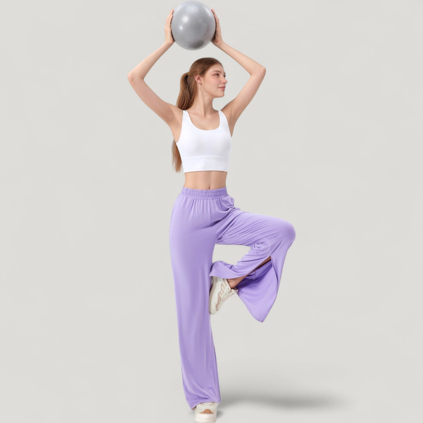 Wide Leg Lounge Pants with Elastic Waistband and Side Slit Hem Detail