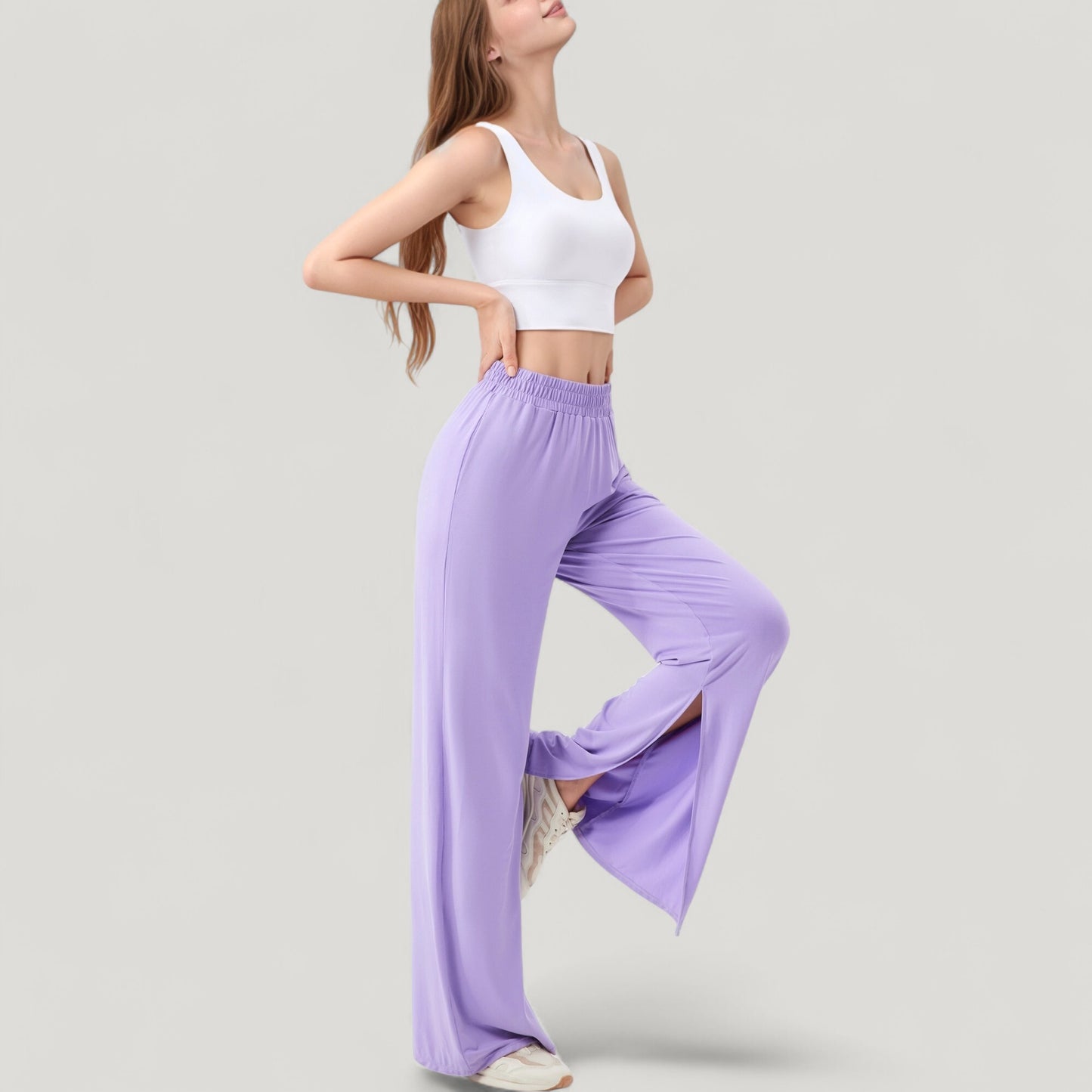 Wide Leg Lounge Pants with Elastic Waistband and Side Slit Hem Detail