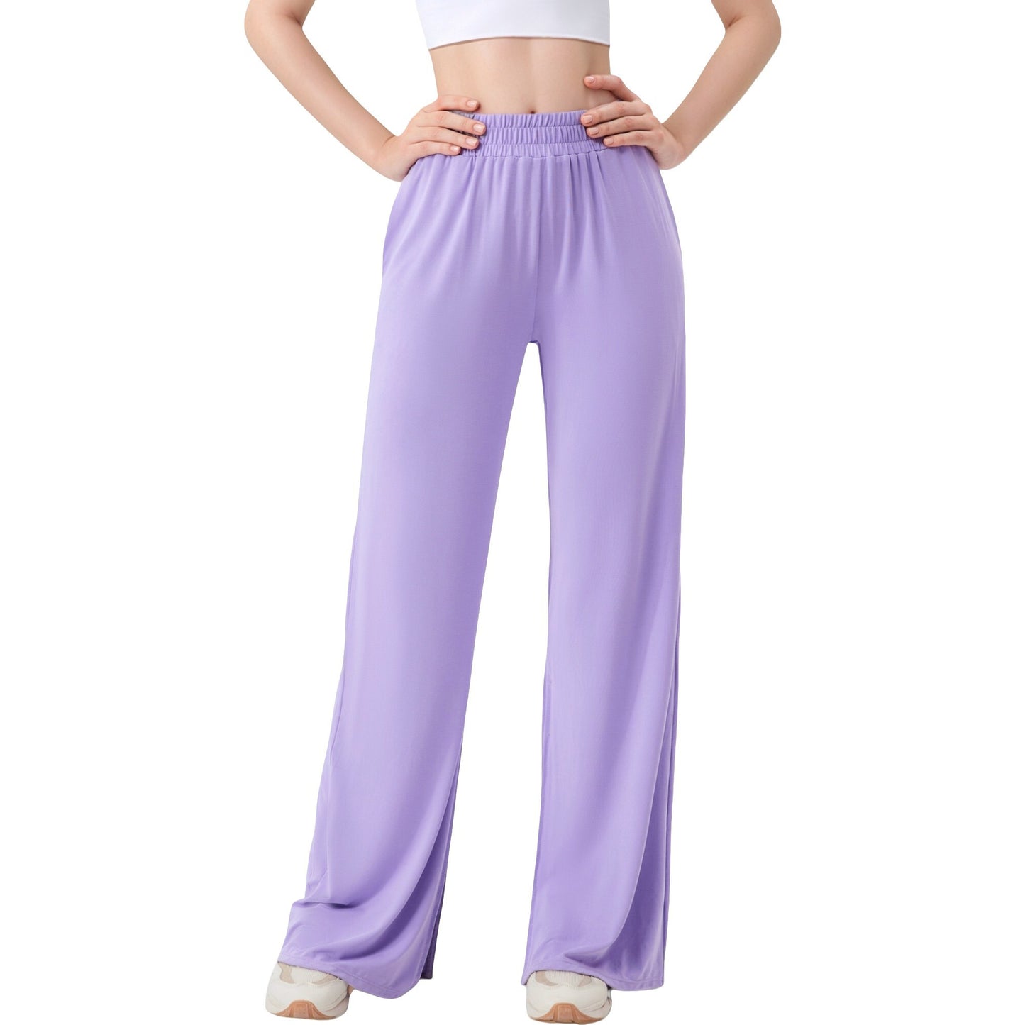 Wide Leg Lounge Pants with Elastic Waistband and Side Slit Hem Detail