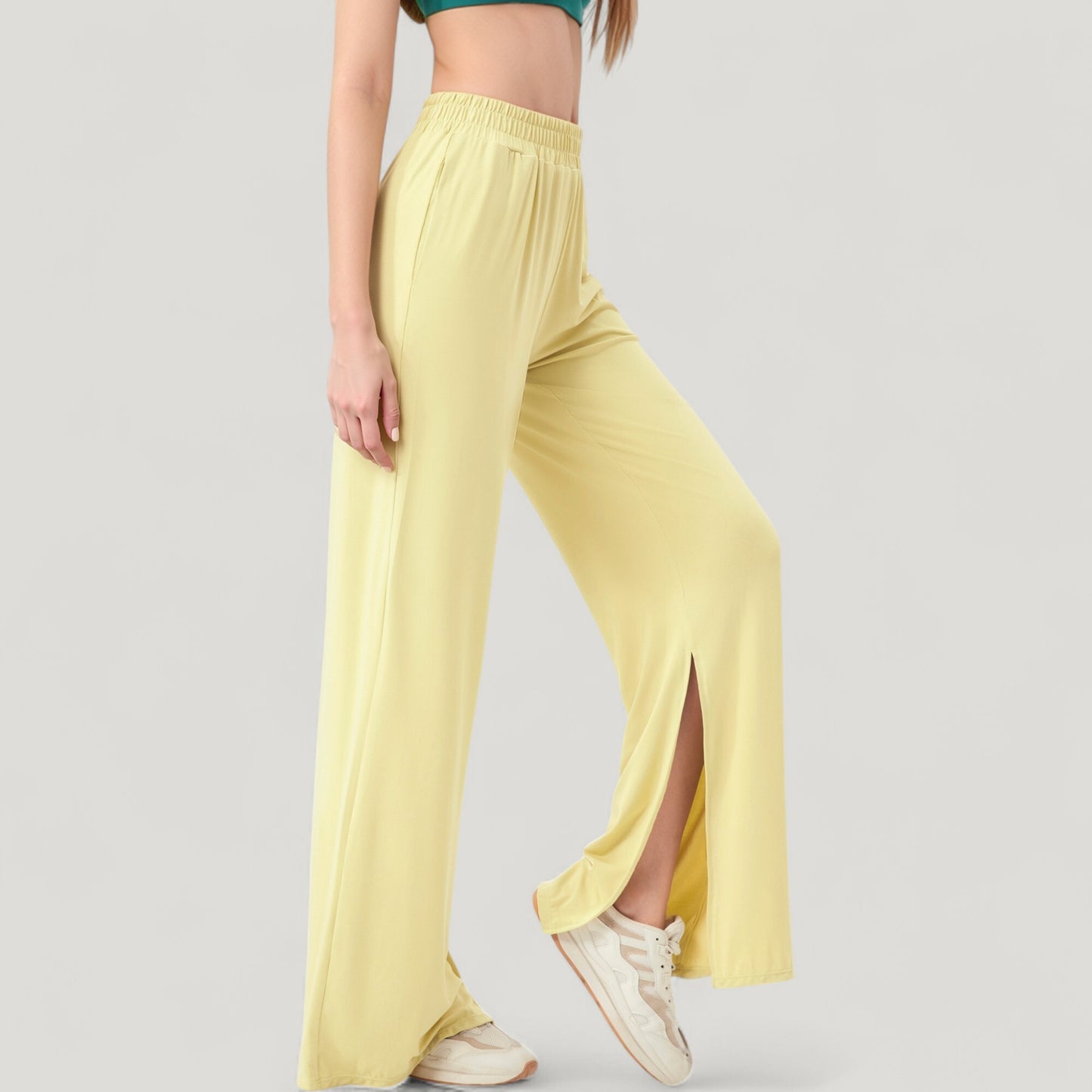 Wide Leg Lounge Pants with Elastic Waistband and Side Slit Hem Detail