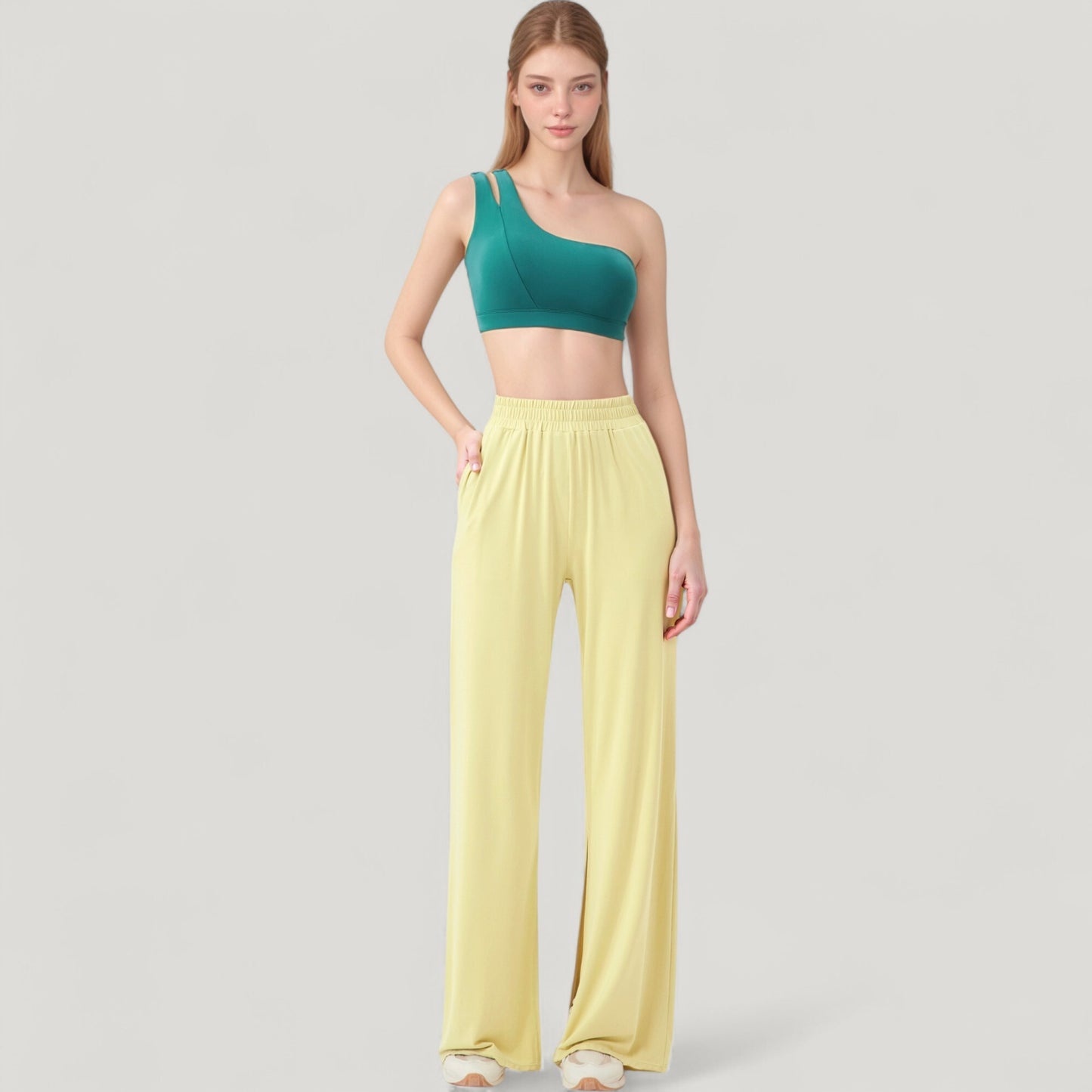 Wide Leg Lounge Pants with Elastic Waistband and Side Slit Hem Detail