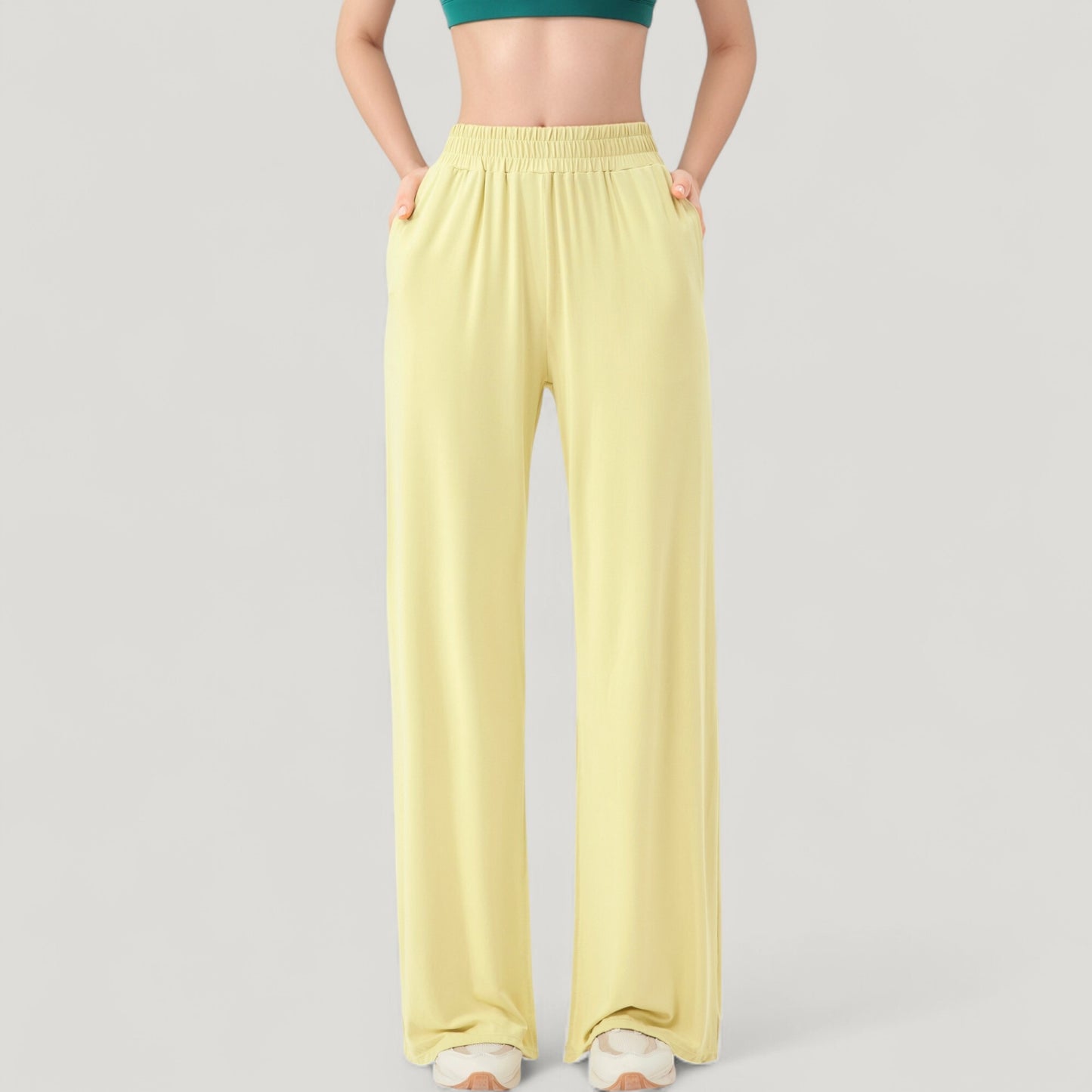 Wide Leg Lounge Pants with Elastic Waistband and Side Slit Hem Detail