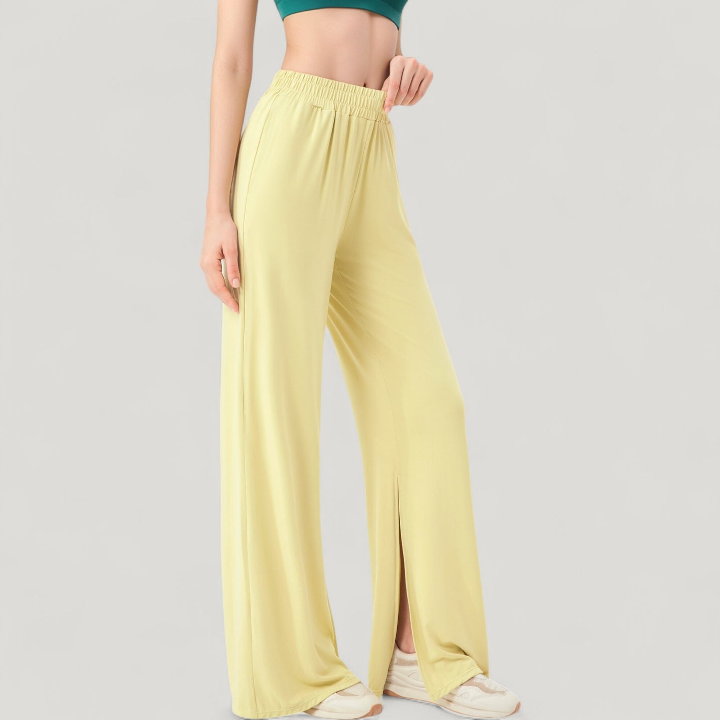 Wide Leg Lounge Pants with Elastic Waistband and Side Slit Hem Detail