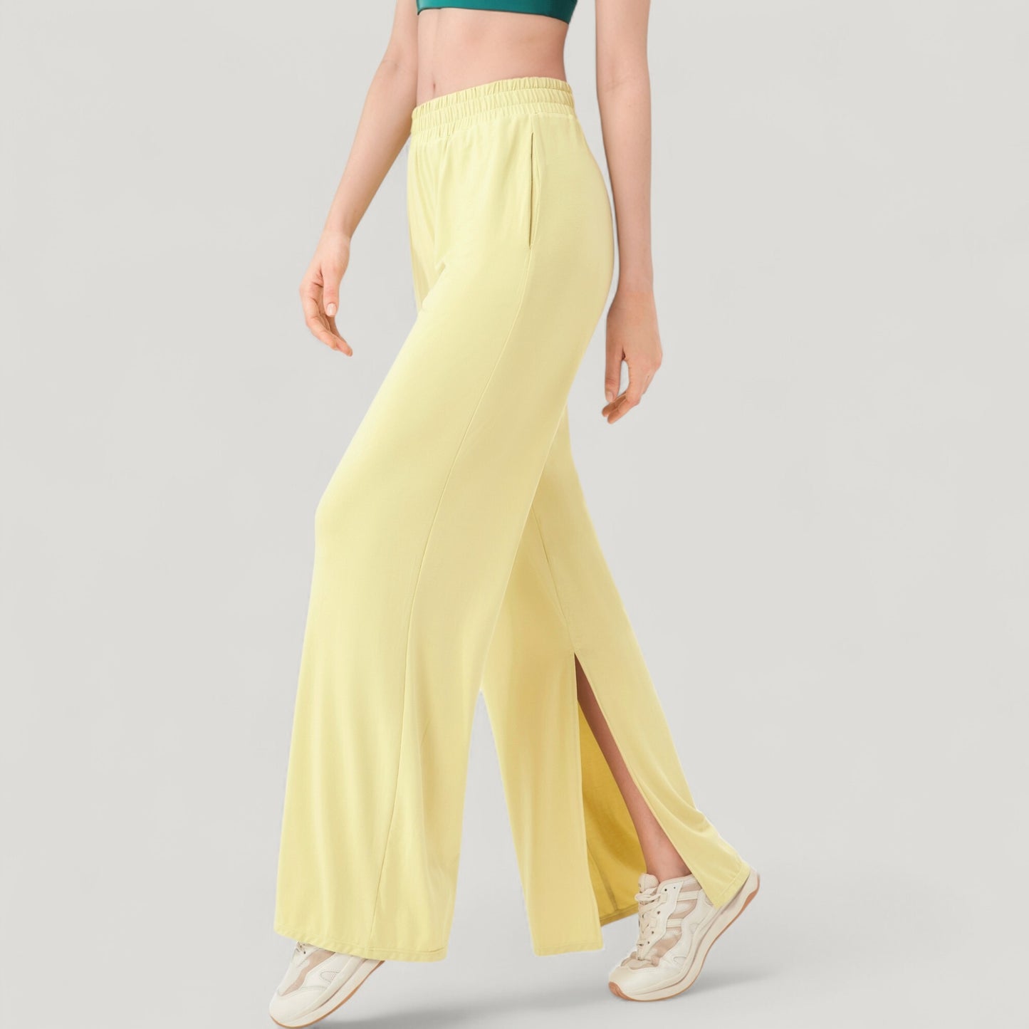 Wide Leg Lounge Pants with Elastic Waistband and Side Slit Hem Detail
