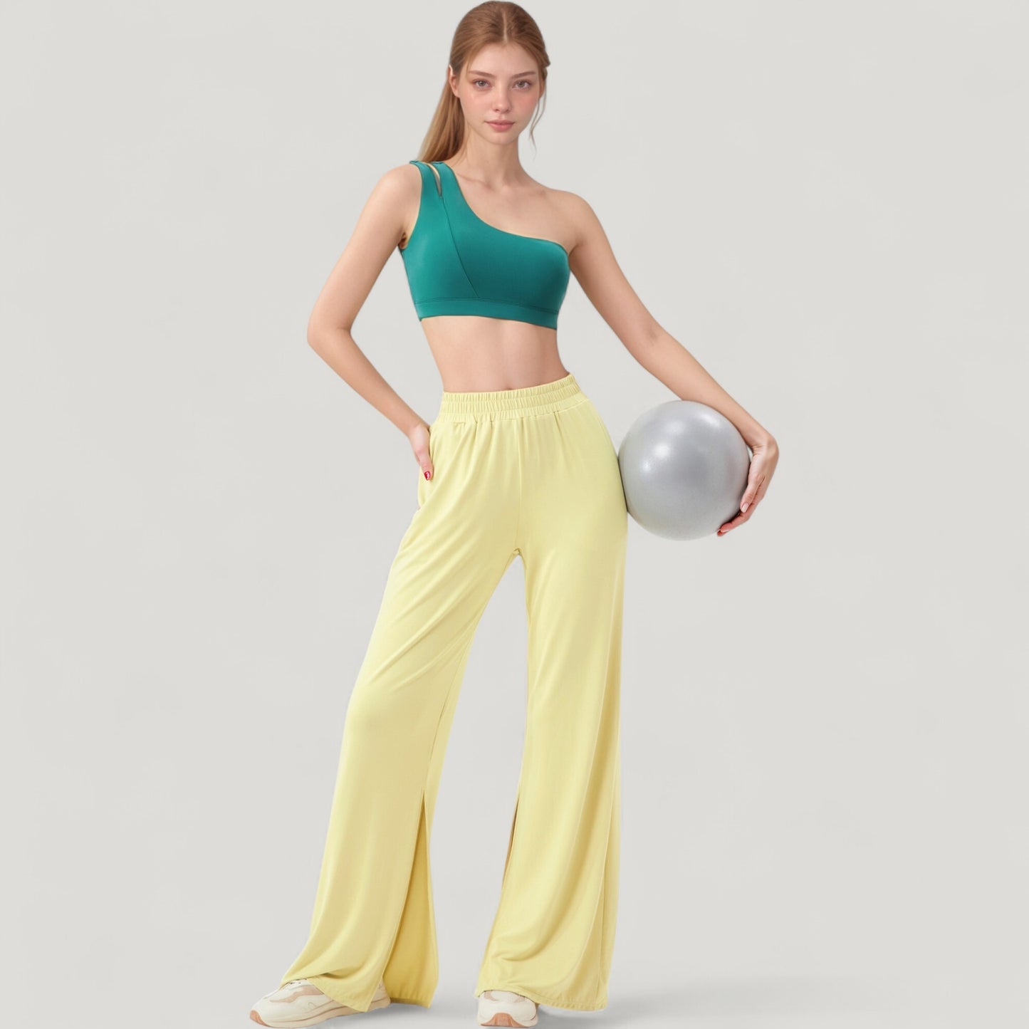 Wide Leg Lounge Pants with Elastic Waistband and Side Slit Hem Detail