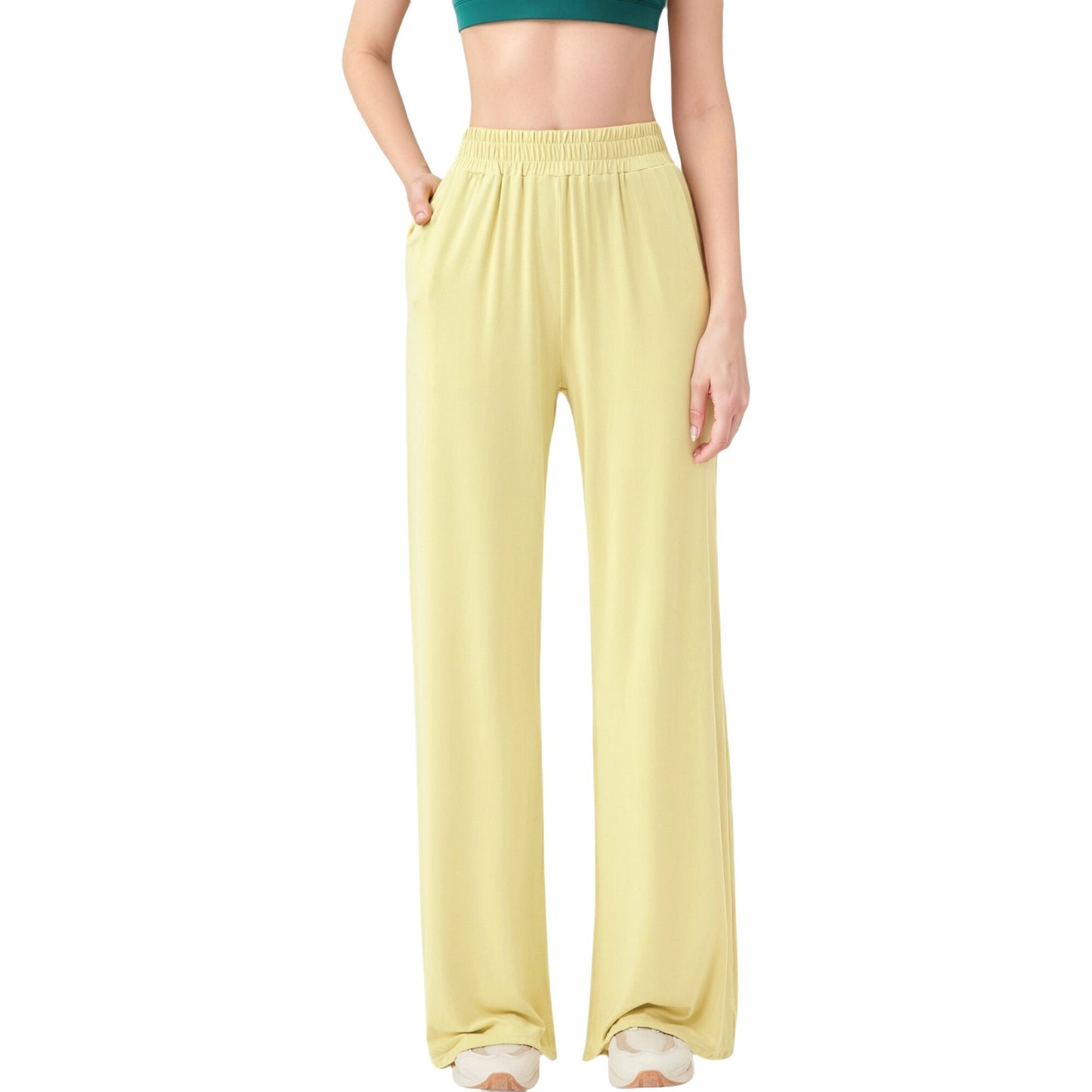 Wide Leg Lounge Pants with Elastic Waistband and Side Slit Hem Detail
