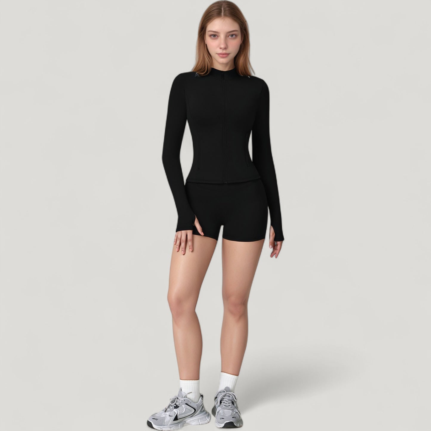 Long Sleeve Zip-Up Athletic Jacket with Thumbholes and High Neckline