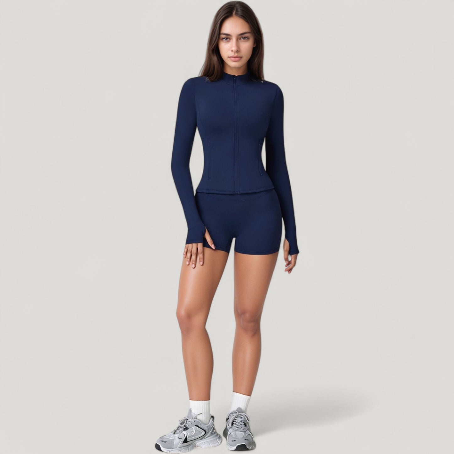 Long Sleeve Zip-Up Athletic Jacket with Thumbholes and High Neckline