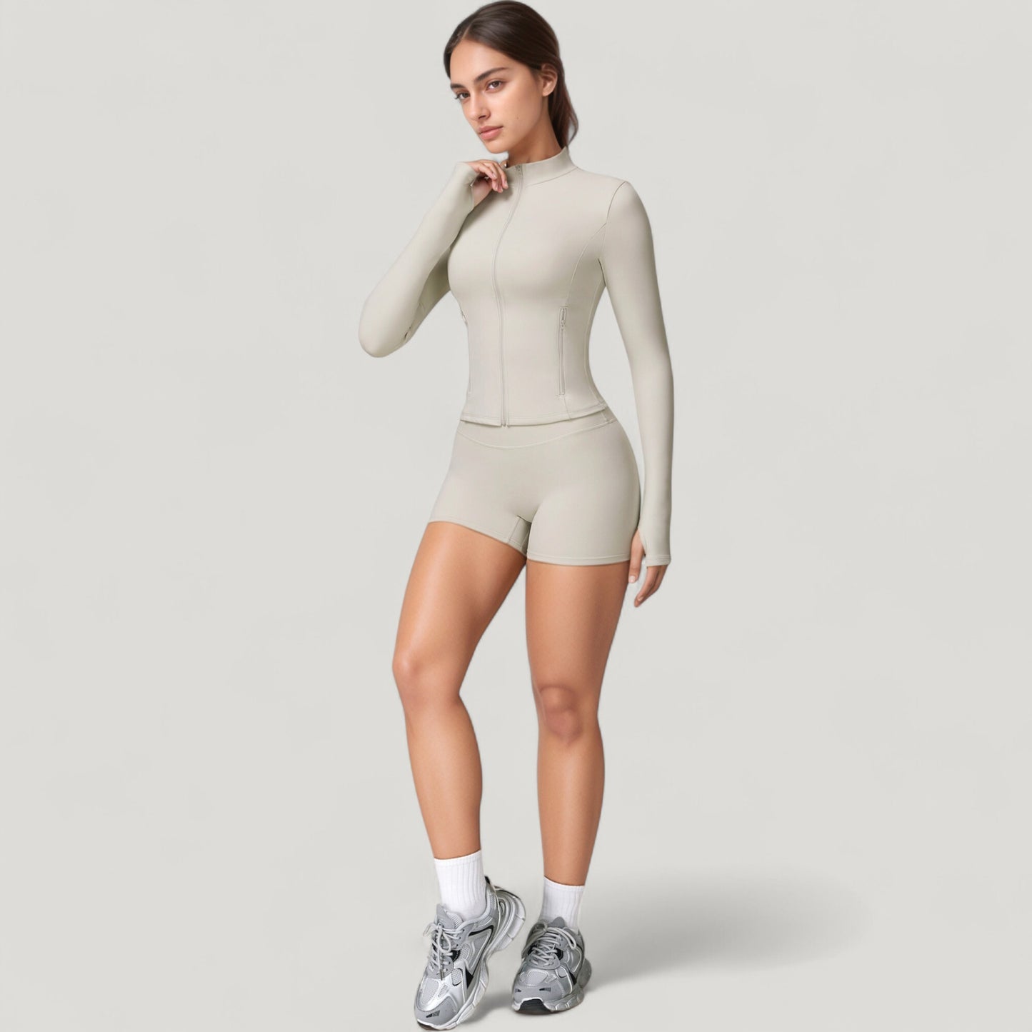 Long Sleeve Zip-Up Athletic Jacket with Thumbholes and High Neckline