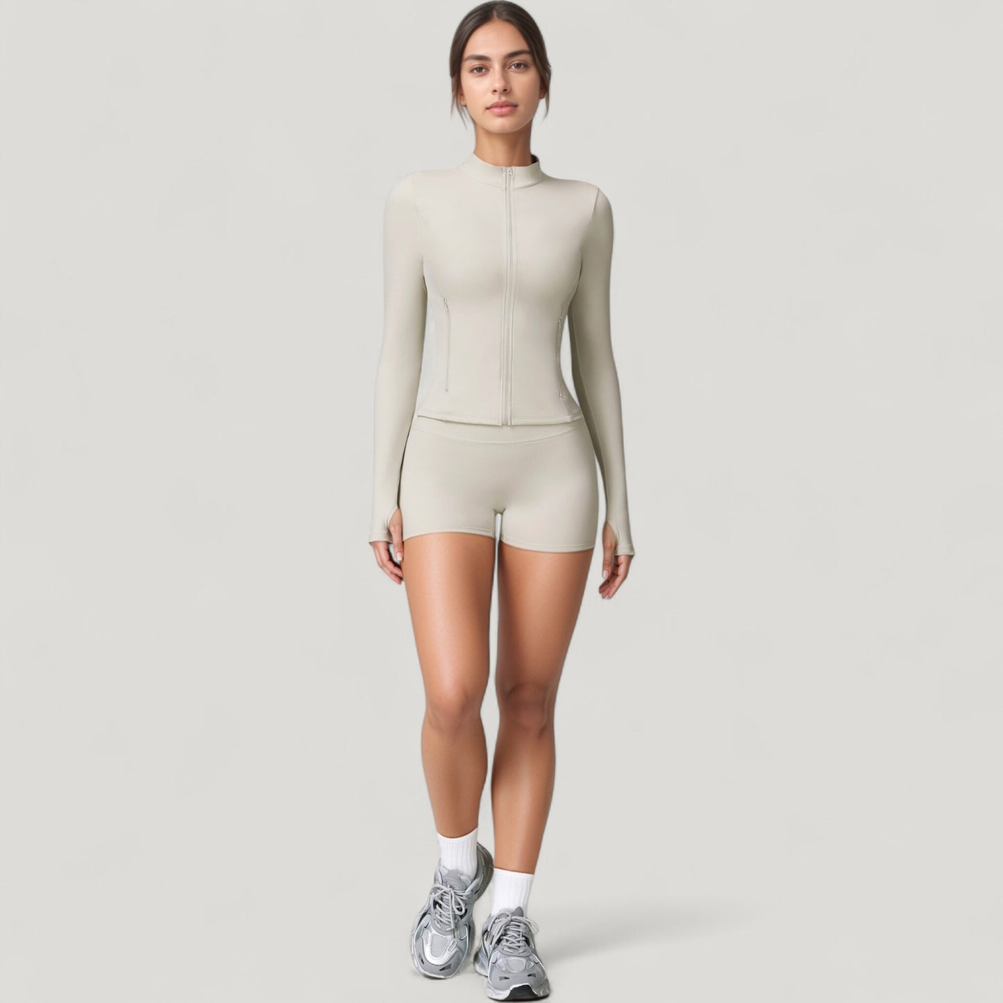 Long Sleeve Zip-Up Athletic Jacket with Thumbholes and High Neckline