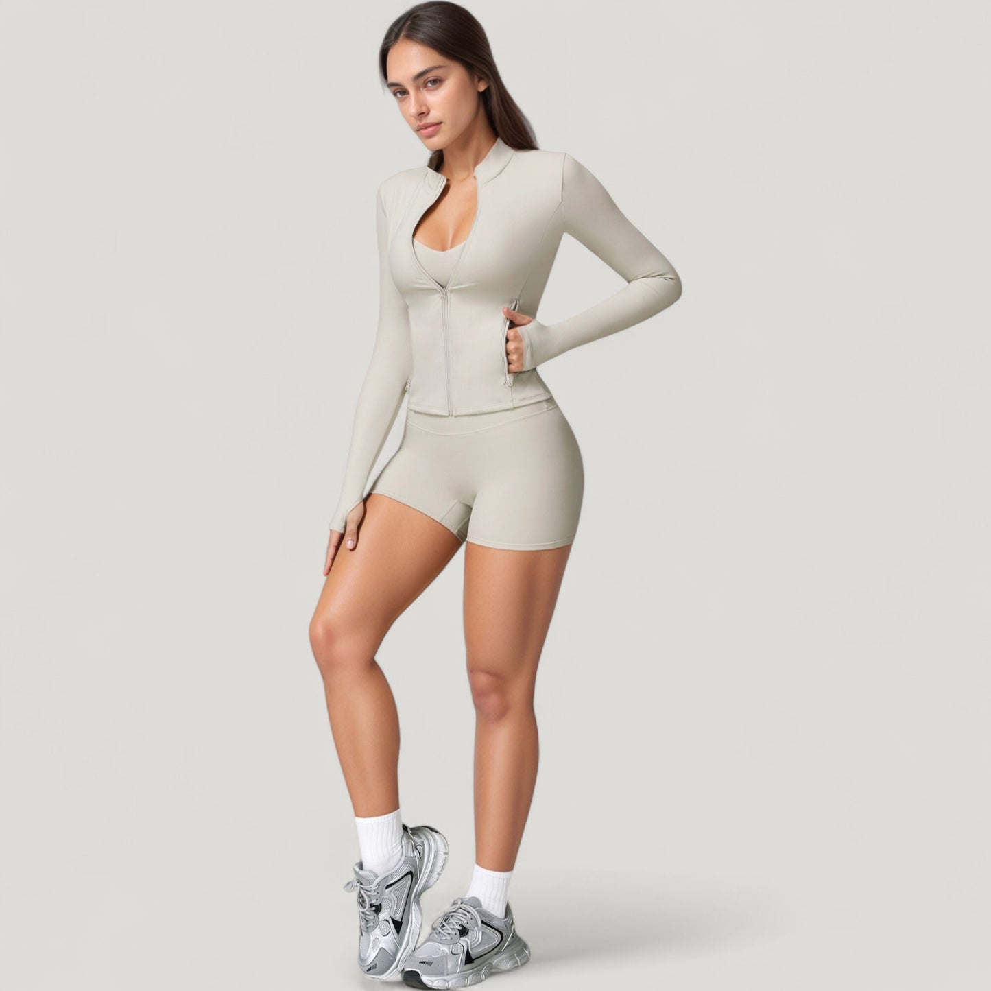 Long Sleeve Zip-Up Athletic Jacket with Thumbholes and High Neckline