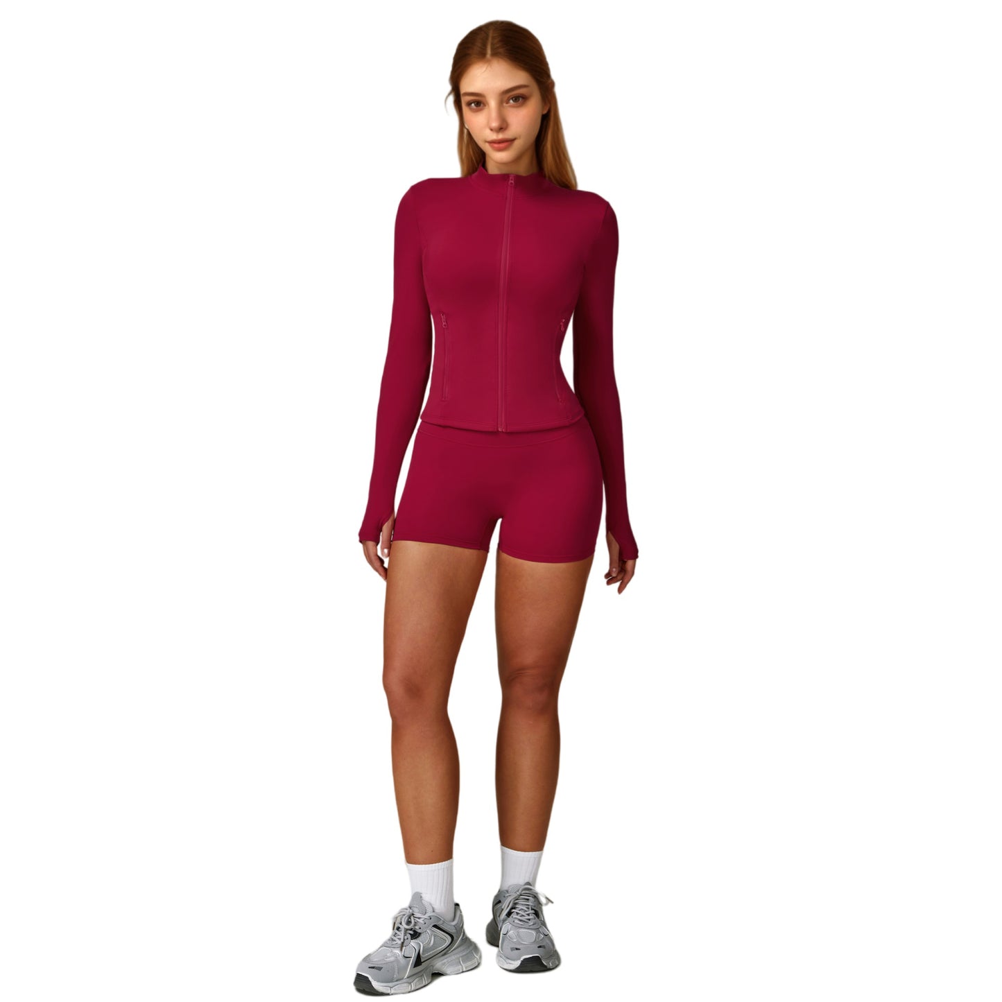 Long Sleeve Zip-Up Athletic Jacket with Thumbholes and High Neckline