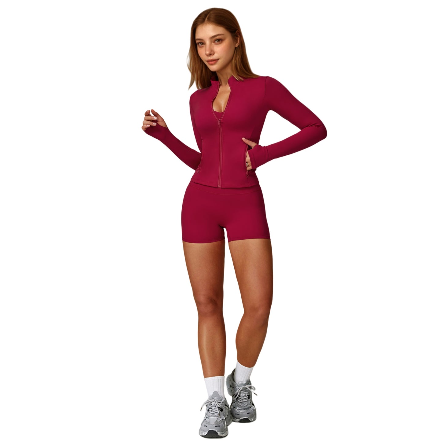 Long Sleeve Zip-Up Athletic Jacket with Thumbholes and High Neckline